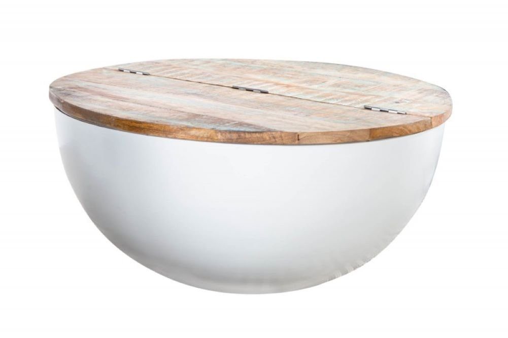 Invicta Couchtisch Industrie-Design Couchtisch mit recyceltes weiss Holz ca.70cm JAVA Stauraum rund