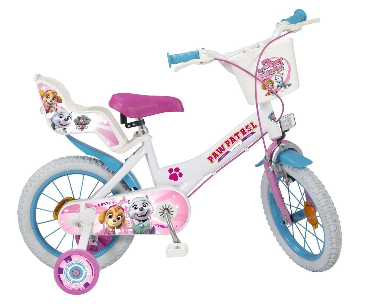 Toimsa Bikes Kinderfahrrad 14 Zoll Kinder Mädchen Fahrrad Mädchenfahrrad Rad Bike Paw Patrol Weiß, 1 Gang, Puppensitz, Korb, Stützräder