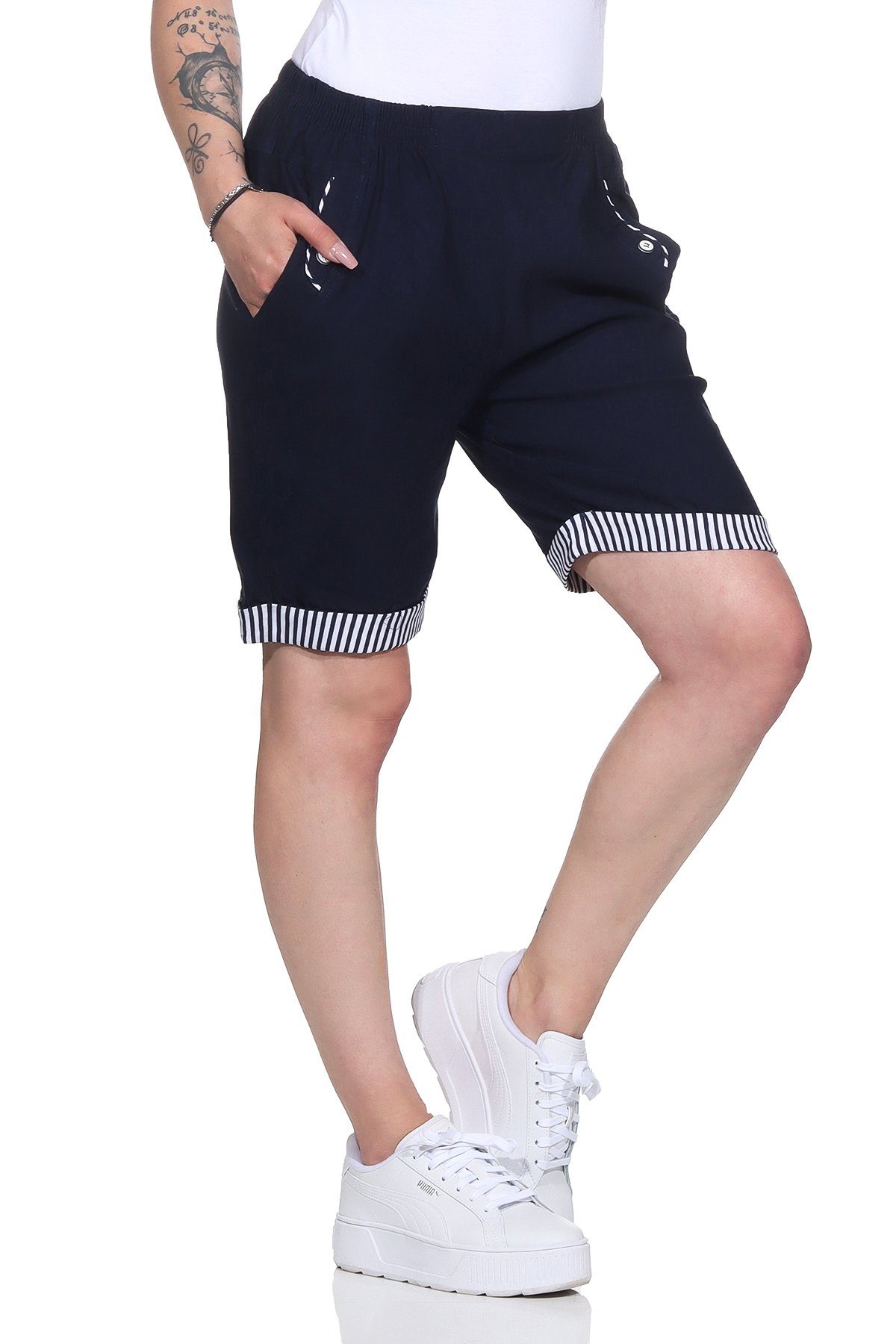 Aurela Damenmode Shorts Bermuda Maritime Damen Sommer Shorts Strandbermuda auch in großen Größen erhältlich, mit elastischem Bund, mit maritimen Details Marine
