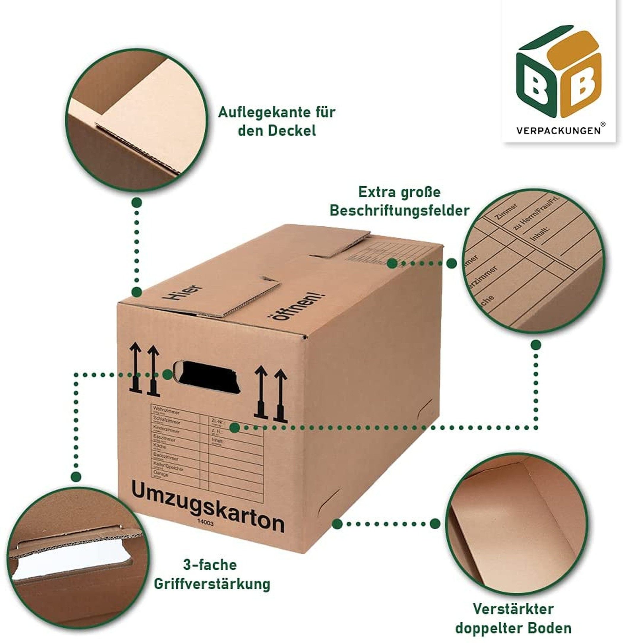 BB-Verpackungen Umzugskarton Spedition XXL, 2-wellig, 40kg Traglast, 650 mm x 350 mm x 370 mm – Bild 3 von 5