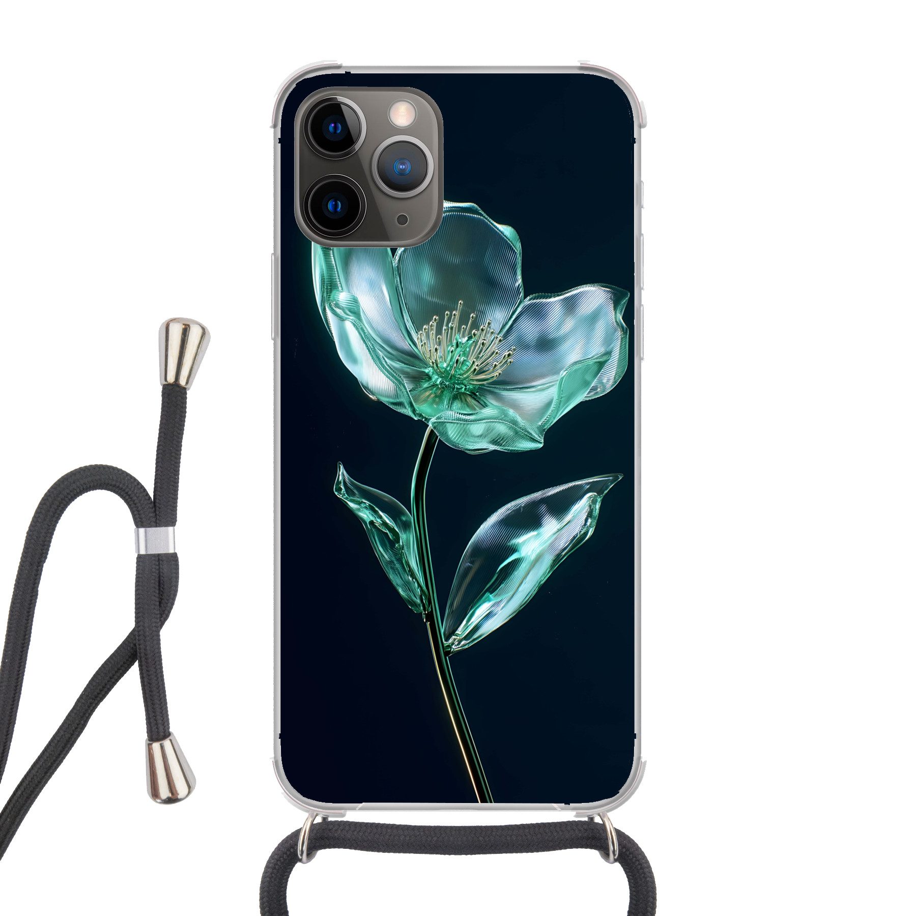 MuchoWow Handyhülle für Apple iPhone 13 Pro Max Blätter - Blume - Gläser - Dunkelblau, Tragbare Handyhüllen mit Kette zum umhängen, Handykette Handyband