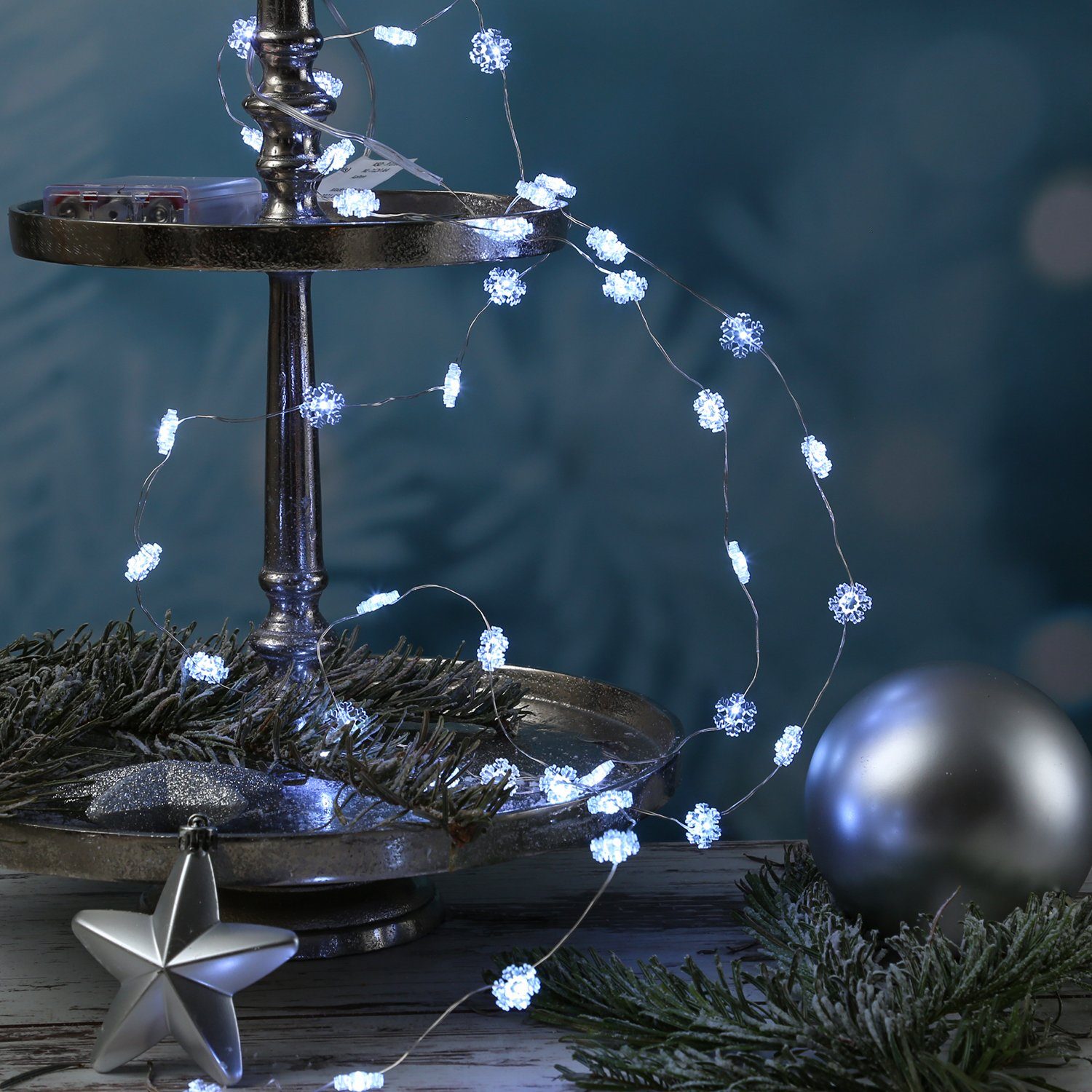 MARELIDA LED-Lichterkette Schneeflocken Eisblume 20LED 0,95m Timer Draht  Weihnachtsdeko, 20-flammig
