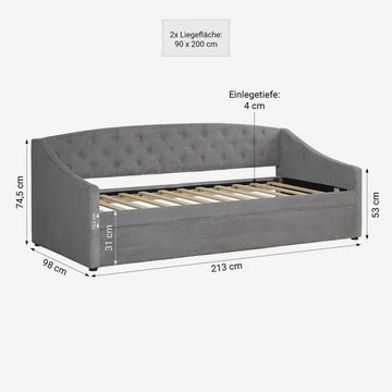 Homestyle4u Polsterbett Schlafsofa Bettfunktion 2 Liegeflächen 90x200 Cordstoff Grau Schlafcou, 2 Liegeflächen mit Lattenrost