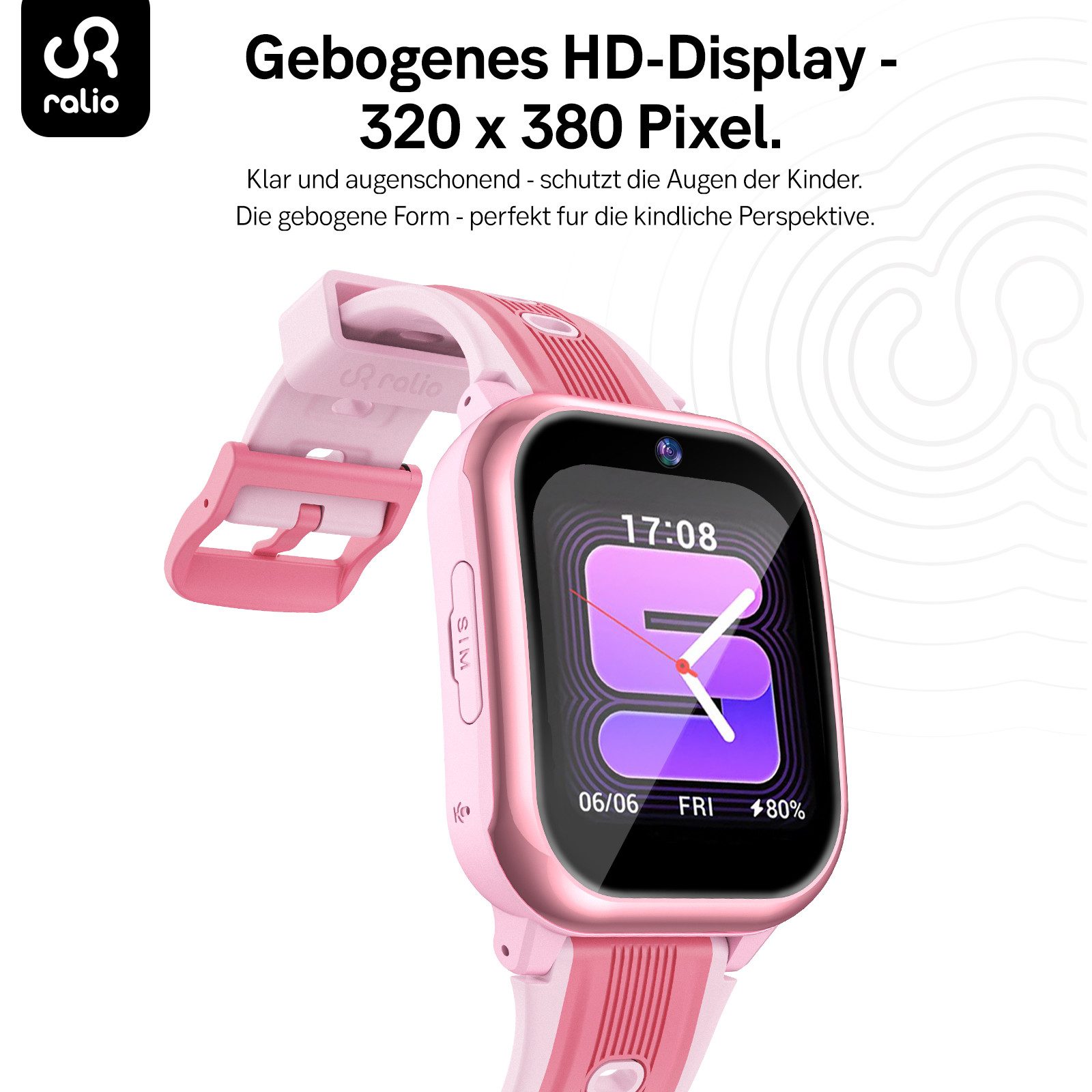 Ralio R5 Plus 4G Smartwatch Kinder, Ralio x Lebara Kinderuhr inkl. SIM-Karte Smartwatch (gebogenes Ultra-HD-Display cm/1.7 Zoll) 3 Tage Akkulaufzeit, GPS-Ortung, Kinderuhr mit HD-Videoanrufen, Schulmodus, SOS, Familien-Gruppenchat und mehr, Zwei Armbänder (hautfreundliches Silikon & hypoallergenes Nylon), Kinder Watch für Mädchen Jungen 3-16 Jahre – Geschenk für kinder