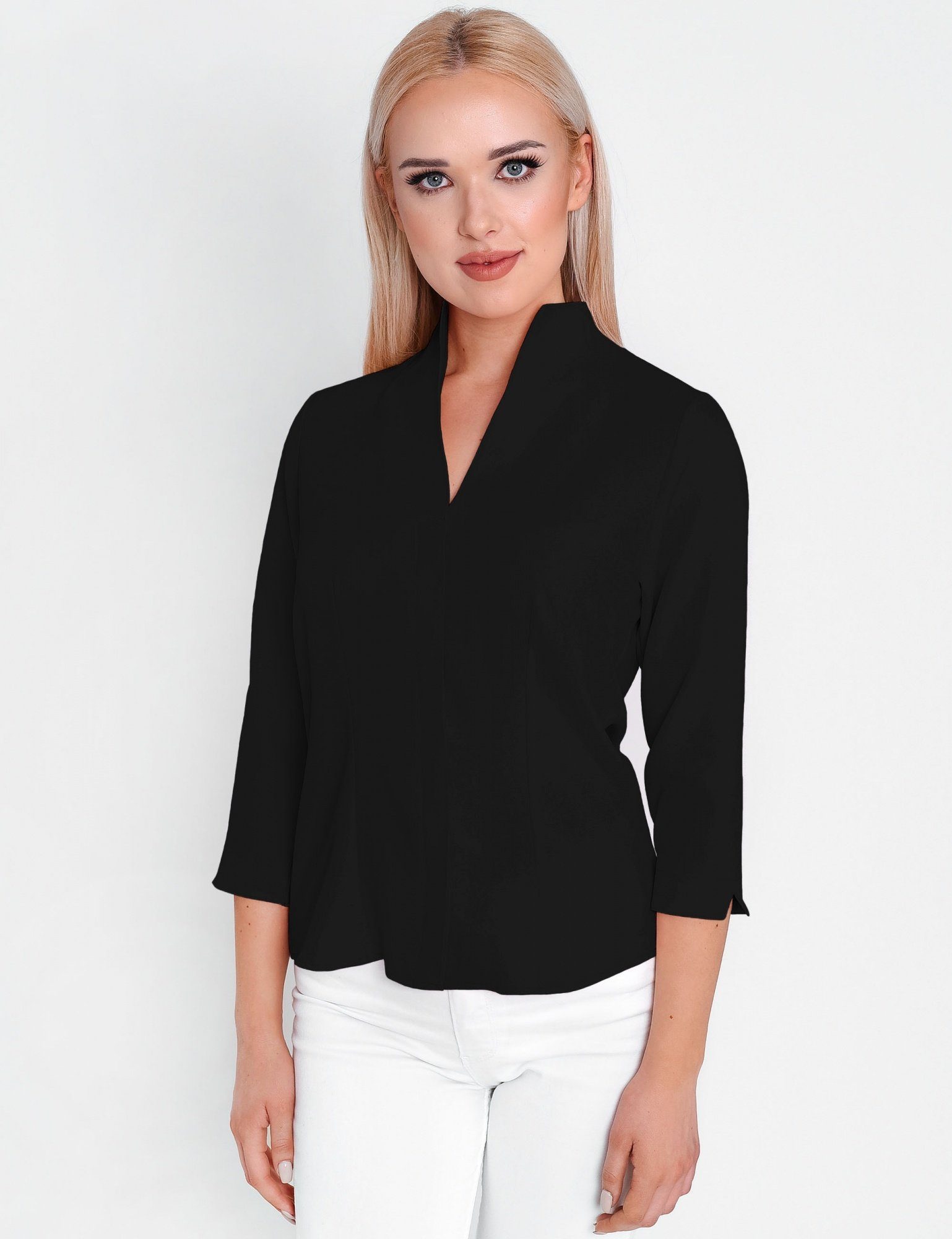 HEVENTON Klassische Bluse 3/4-Ärmel, Business-Bluse mit Kelchkragen, Schwarz bügelleicht