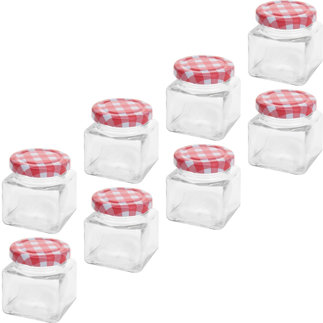 Excellent Houseware Vorratsglas Eckige Konfitürengläser 75ml Rot-weiße Metalldeckel, 4er/8er/16er-Set, (8-tlg., 4er-Set & 8er-Set & 16er-Set), Vorratsgläser mit rot-weiß karierten Schraubdeckeln