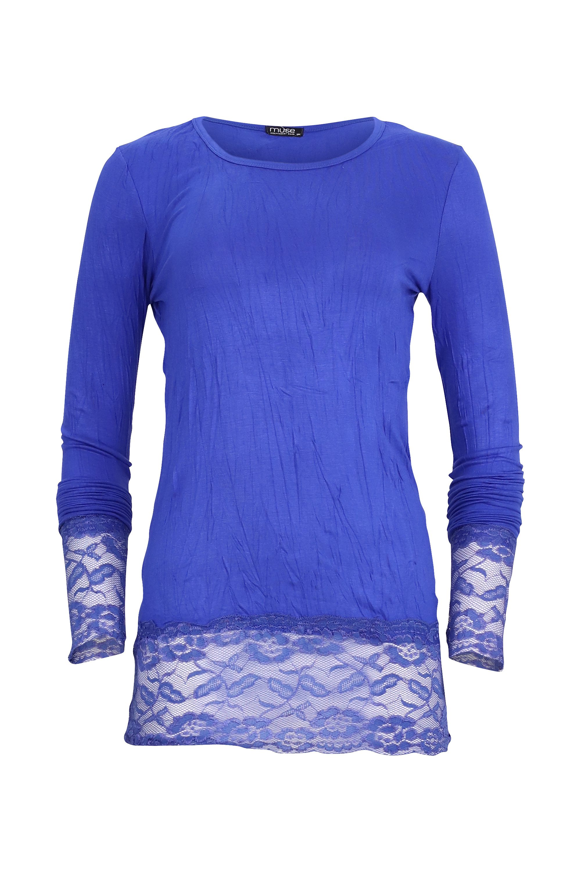 Rundhalsshirt Langarm Longshirt mit Spitzensaum 0998