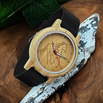 Holzwerk Quarzuhr TORI BLACK Damen Leder & Holz Uhr mit Pferd Motiv in schwarz, beige