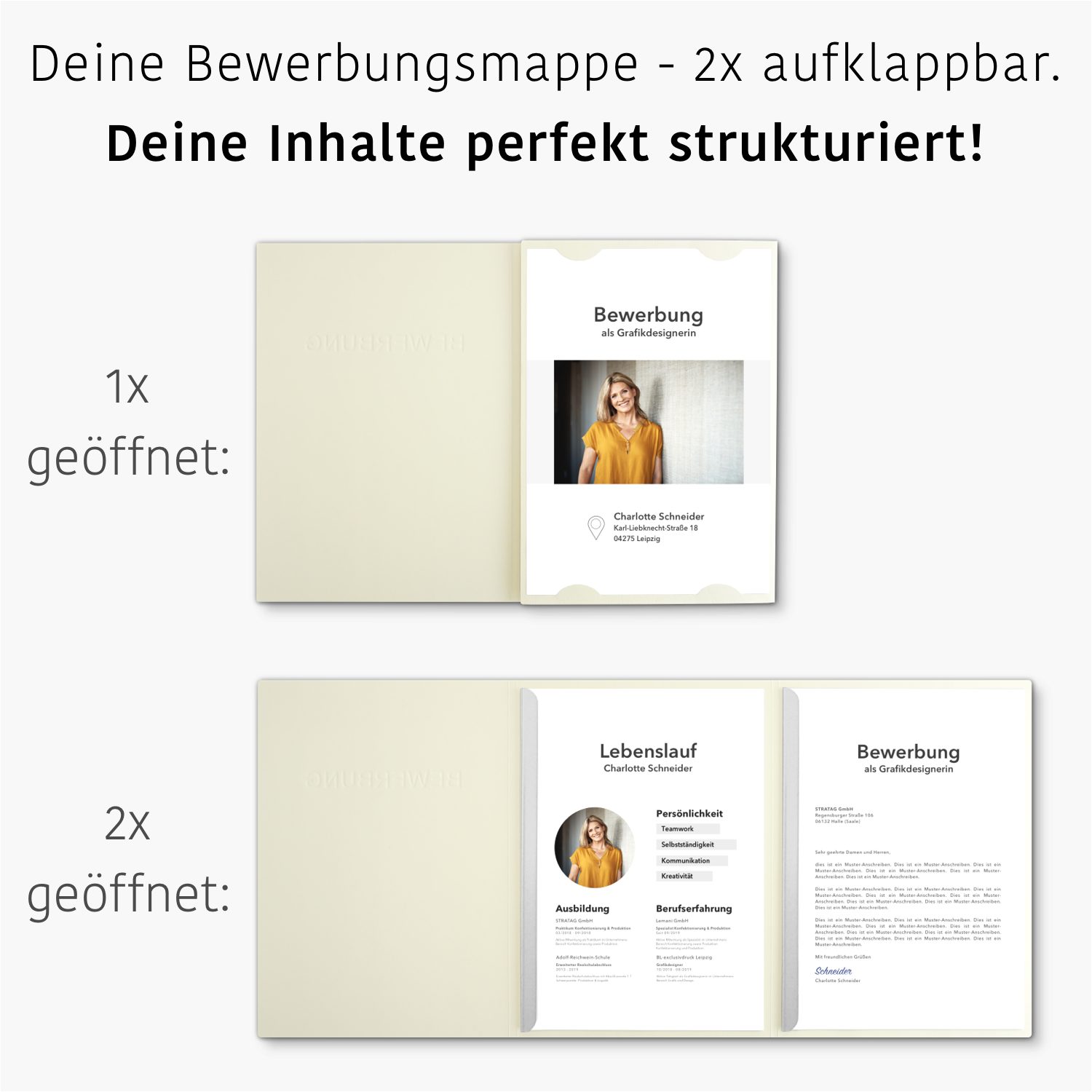 STRATAG Bewerbungsmappe in feinster Lederstruktur - 10 Stück 3-teilig mit 2 Klemmschienen (Set, 10-St., mit hochwertiger Relief-Prägung BEWERBUNG), direkt vom H – Bild 2 von 5