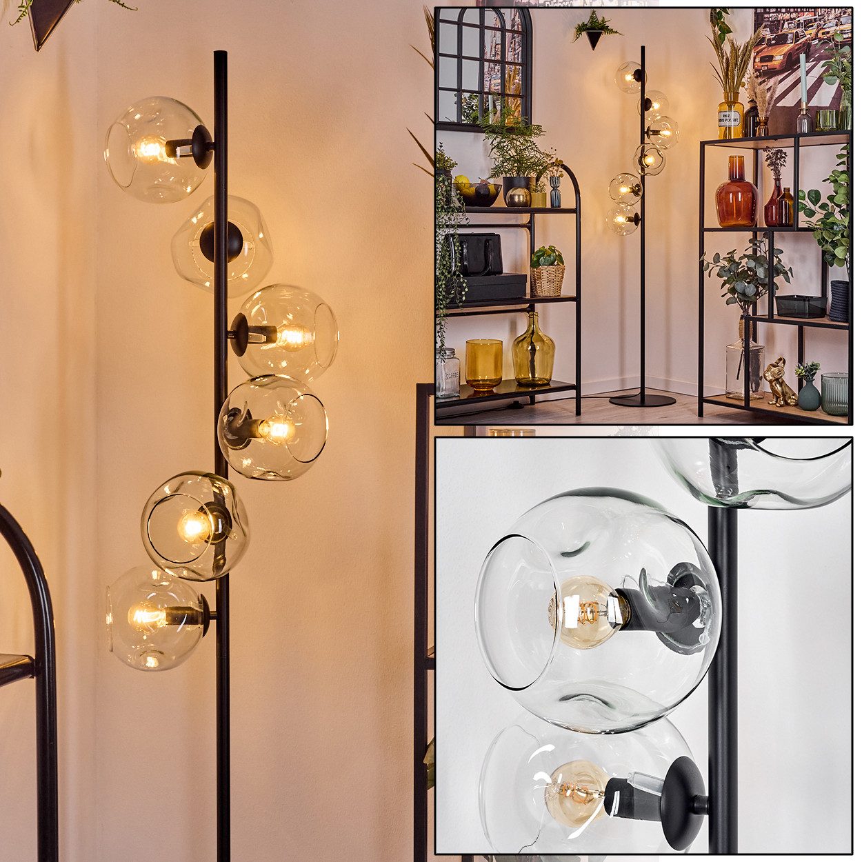 Stehlampe Stehlampe aus Metall/Glas in Schwarz/Klar, Retro/Vintage-Design