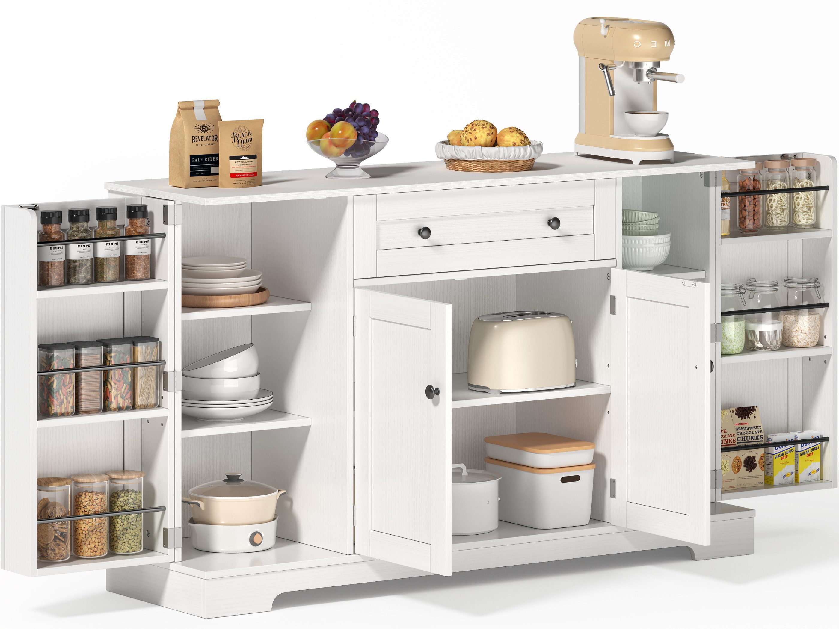 SeedWave Anrichte Modern Кухниbuffet Mehrzweckschrank Beistellschrank mit Viel Stauraum, Türregale mit Schutzgeländern, Wandhalterung für Anti-Kipp Funktion