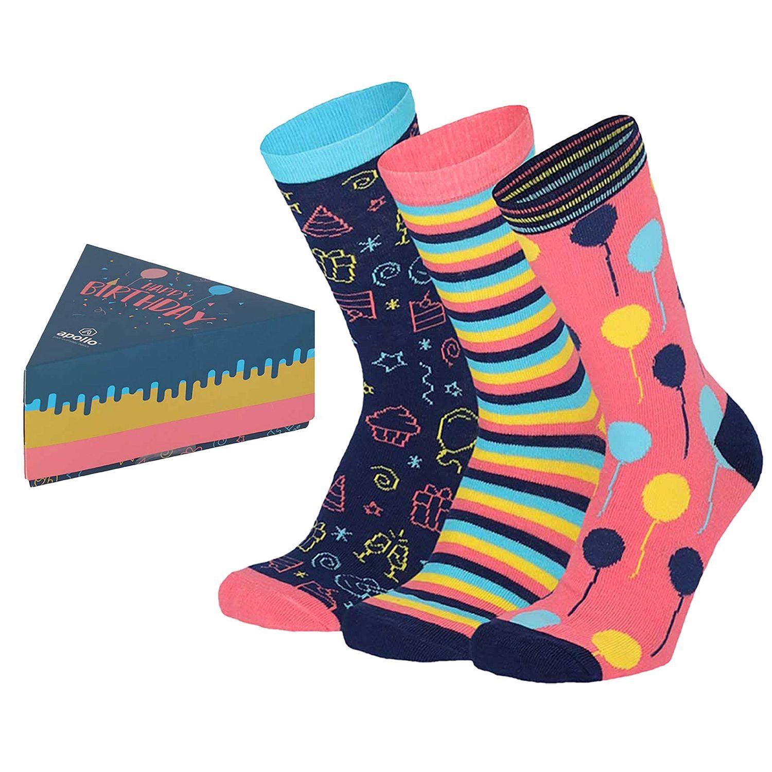 Apollo Socken Party Socken (3-Paar) originell verpackt in einer Geschenk-Box im Tortenstückdesign (3 Paar)