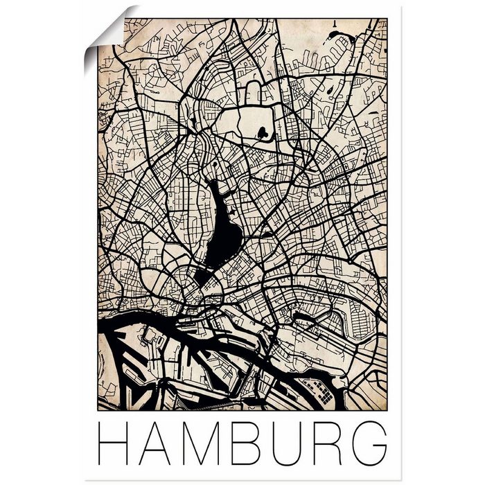 Artland Wandbild Retro Karte Hamburg Deutschland Grunge Deutschland (1 St) als Alubild Leinwandbild Wandaufkleber oder Poster in versch. Größen