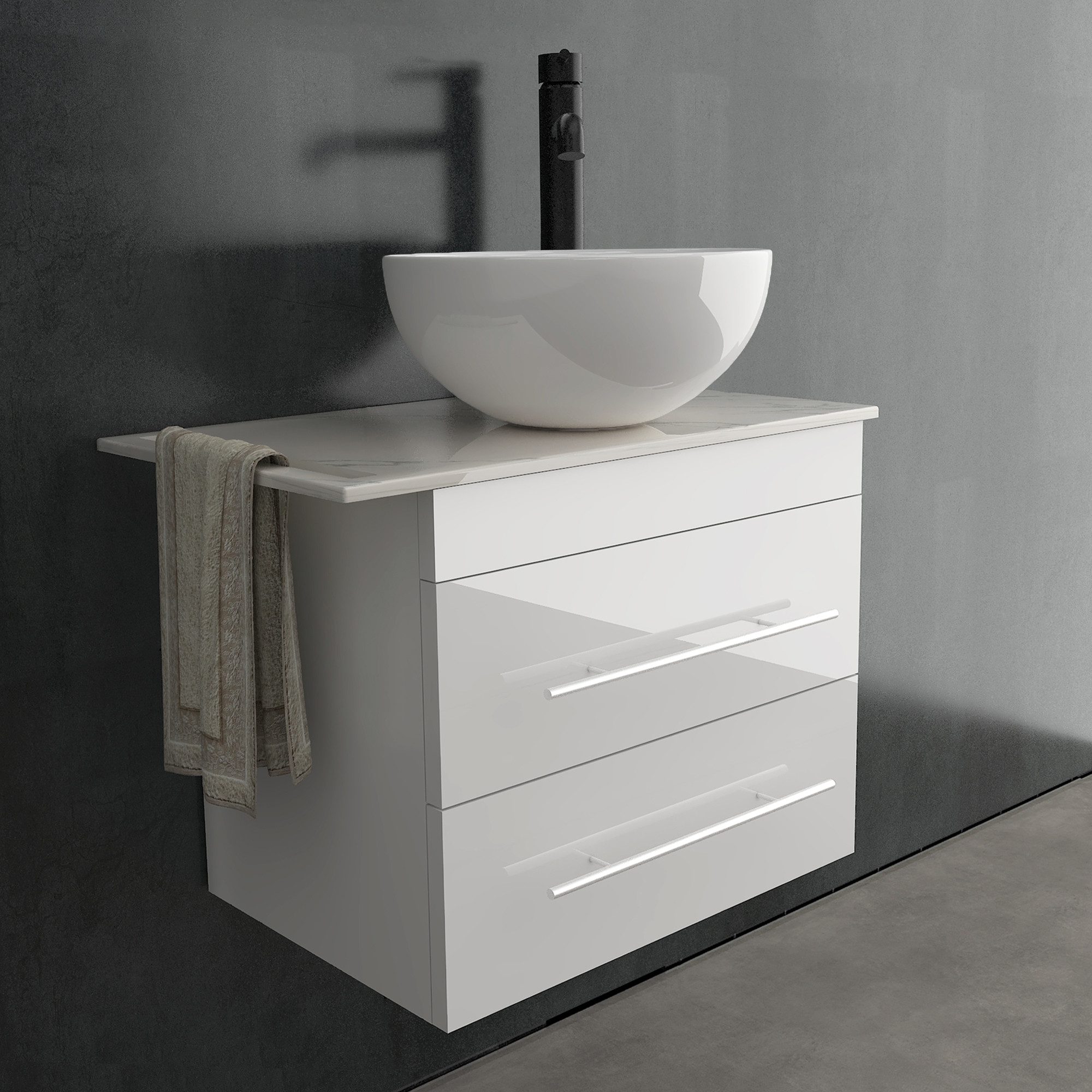 Alpenberger Badmöbel-Set Gäste WC Waschbecken mit Unterschrank – hängender Waschtisch 60 cm, (Waschtischunterschrank mit Schubladen, Bad Möbel Set mit Waschbecken), Aufsatzwaschbecken mit Unterschrank Weiss