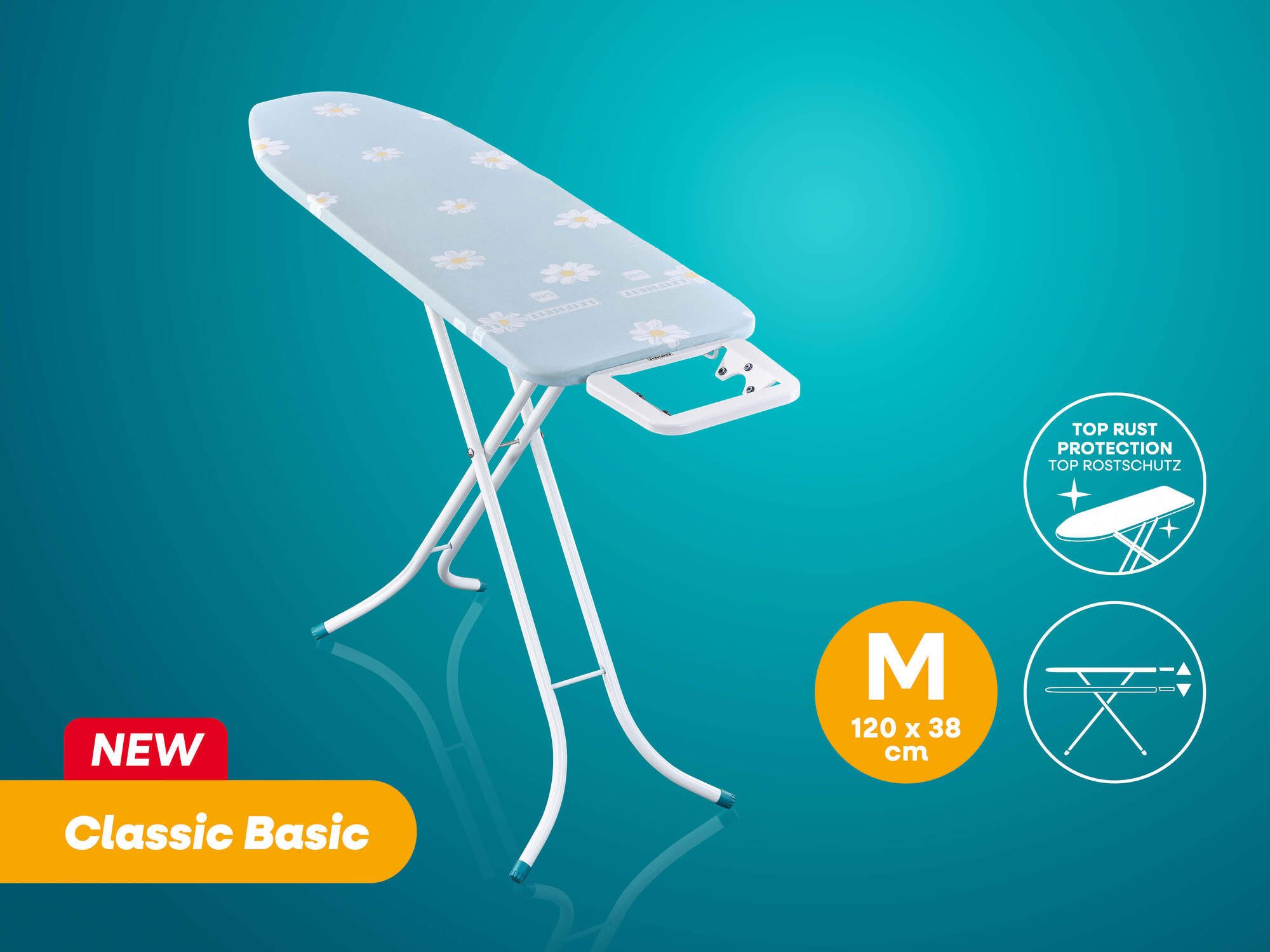 Leifheit Bügelbrett Bügeltisch Classic M Basic, Bügelfläche 38.0x120.0 cm, Höhenverstellbar, Bügelfläche 120 x 38 cm, feste Bügeleisenablage