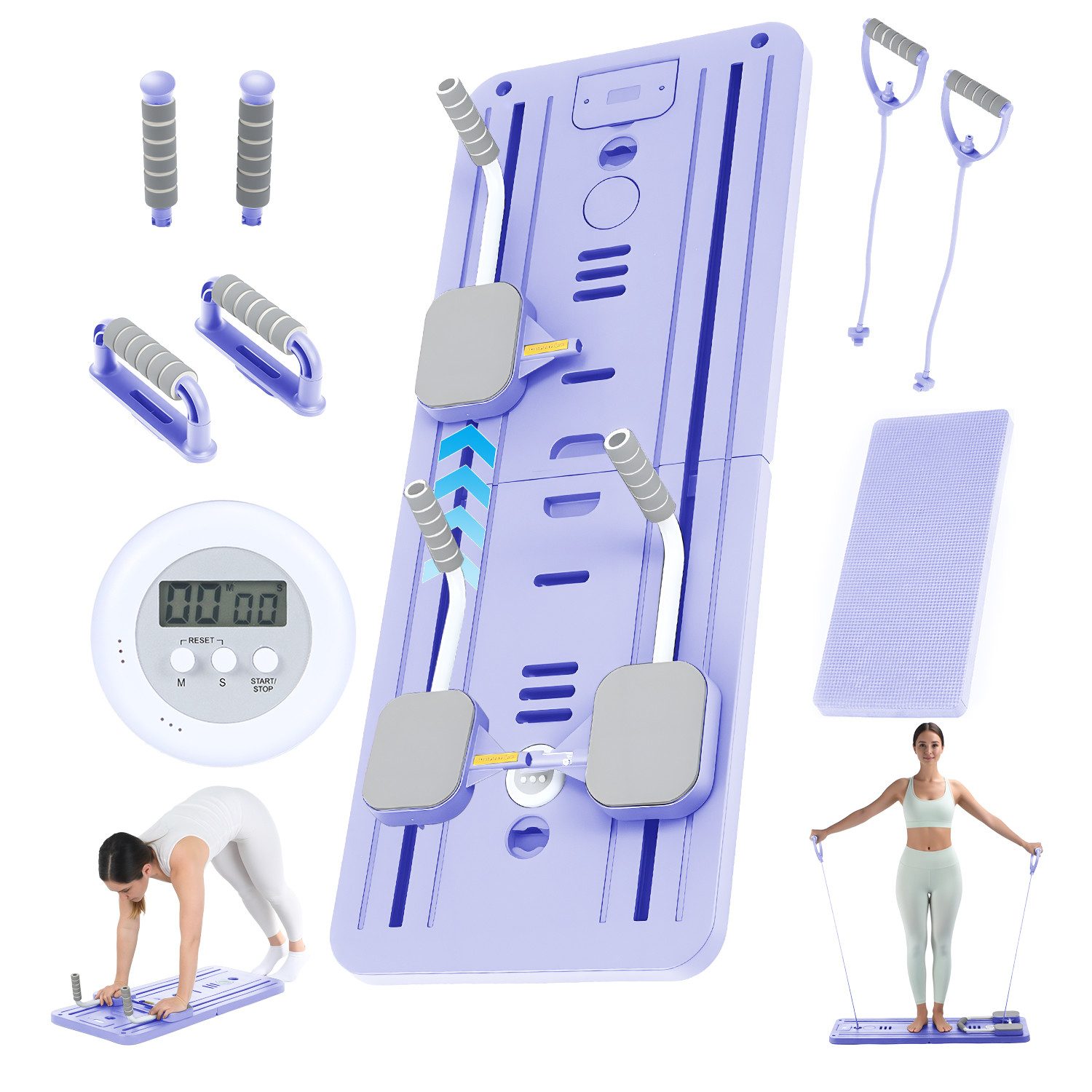 oyajia Ganzkörpertrainer Faltbare Pilates-Fitnessboard, Multifunktionale Trainingsplattform, (Mit Widerstandsbändern, Griffen & Fußstützen für Vielseitige Übungen, 11-tlg., Inklusive Yoga-Pad & Timer – ideal für Home-Workout & Core-Training), Rutschfestes Material, Kompakt Verstaubar & Komfortables Handling