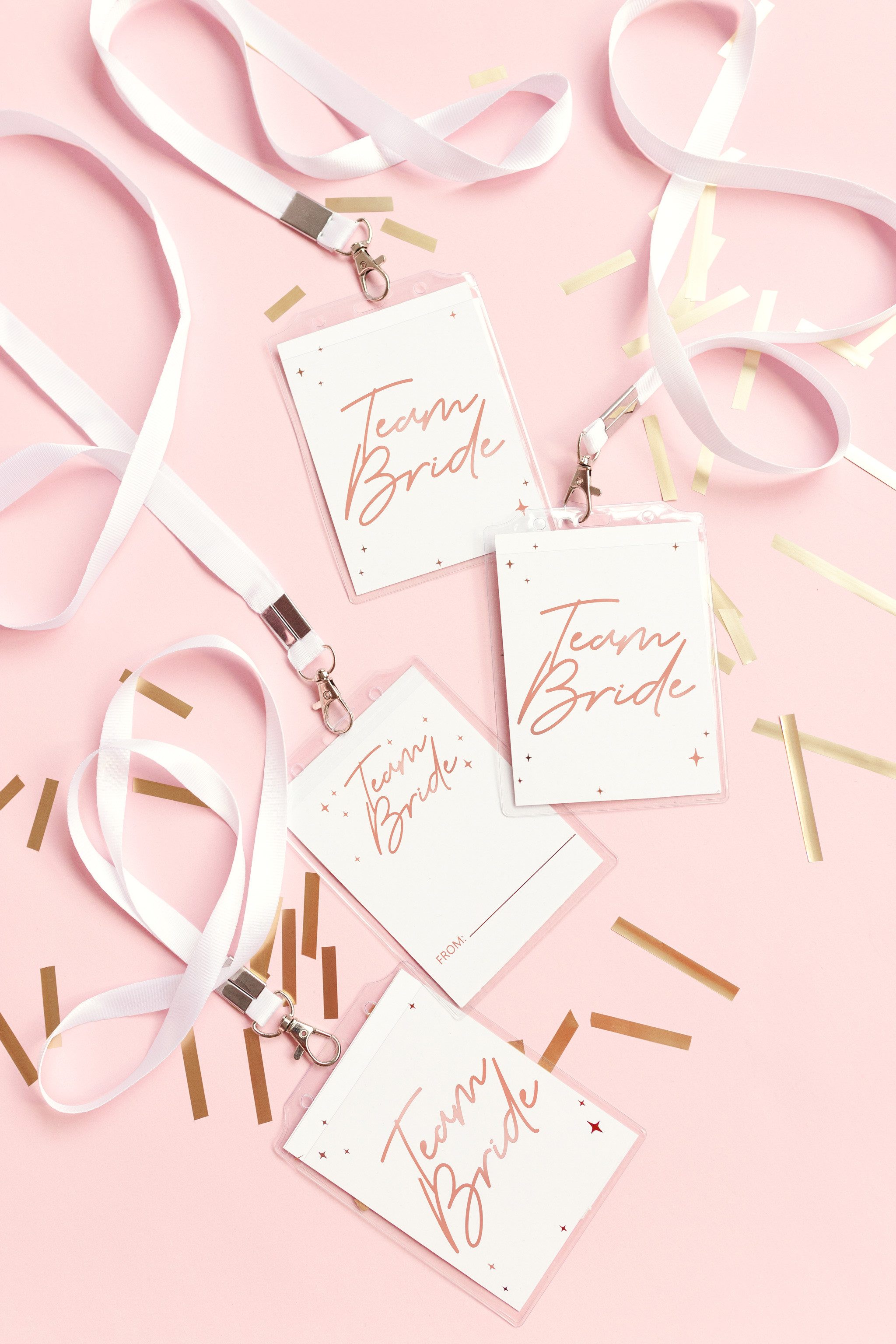 partydeco Kostüm, Team Bride Abzeichen für Frauen JGA 4er Set Weiß Roségold