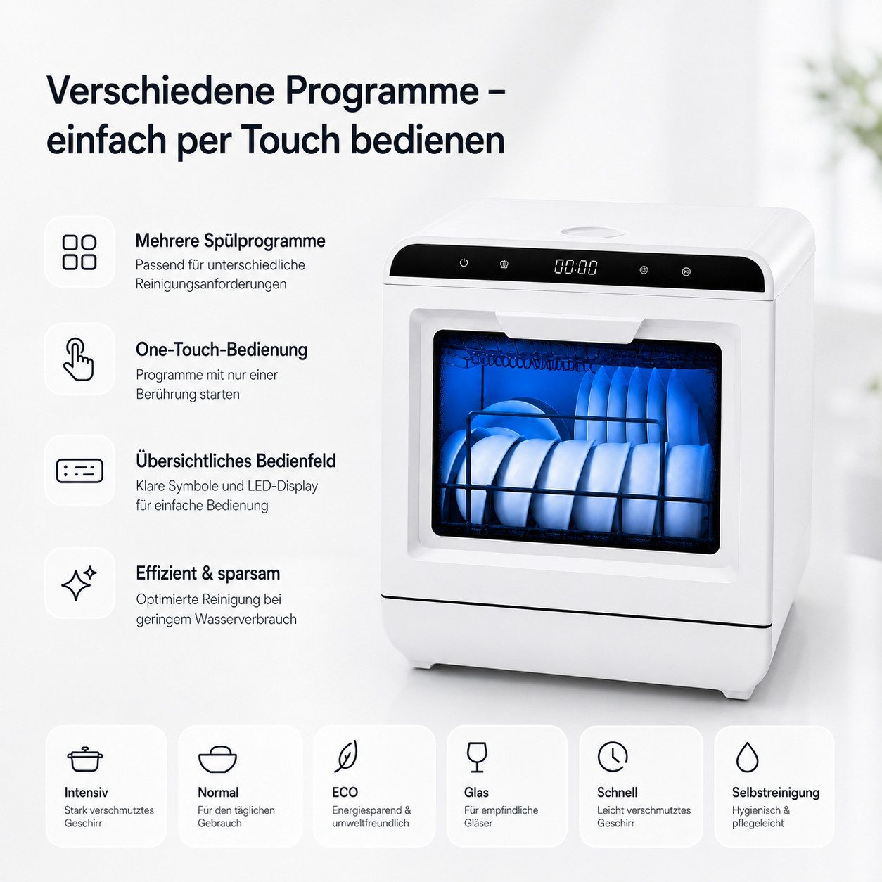ibettertec Tischgeschirrspüler Mini Geschirrspüler mit 7.5L tank und 6 Spülprogramme,720° Doppel-Sprühsystem, 72°C Heißwäsche VTX02-VTX03, Doppelte Trocknung, f – Bild 5 von 5