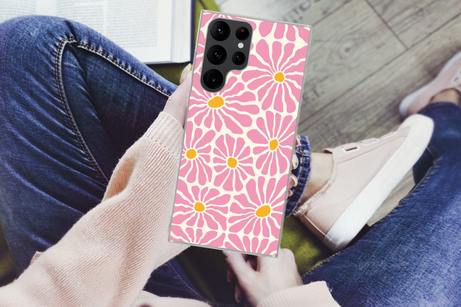 MuchoWow Handyhülle für Samsung Galaxy S22 Ultra Blumen - Muster - Rosa - Beige - Orange, Phone Case, Silikon, Schutzhülle Dünn