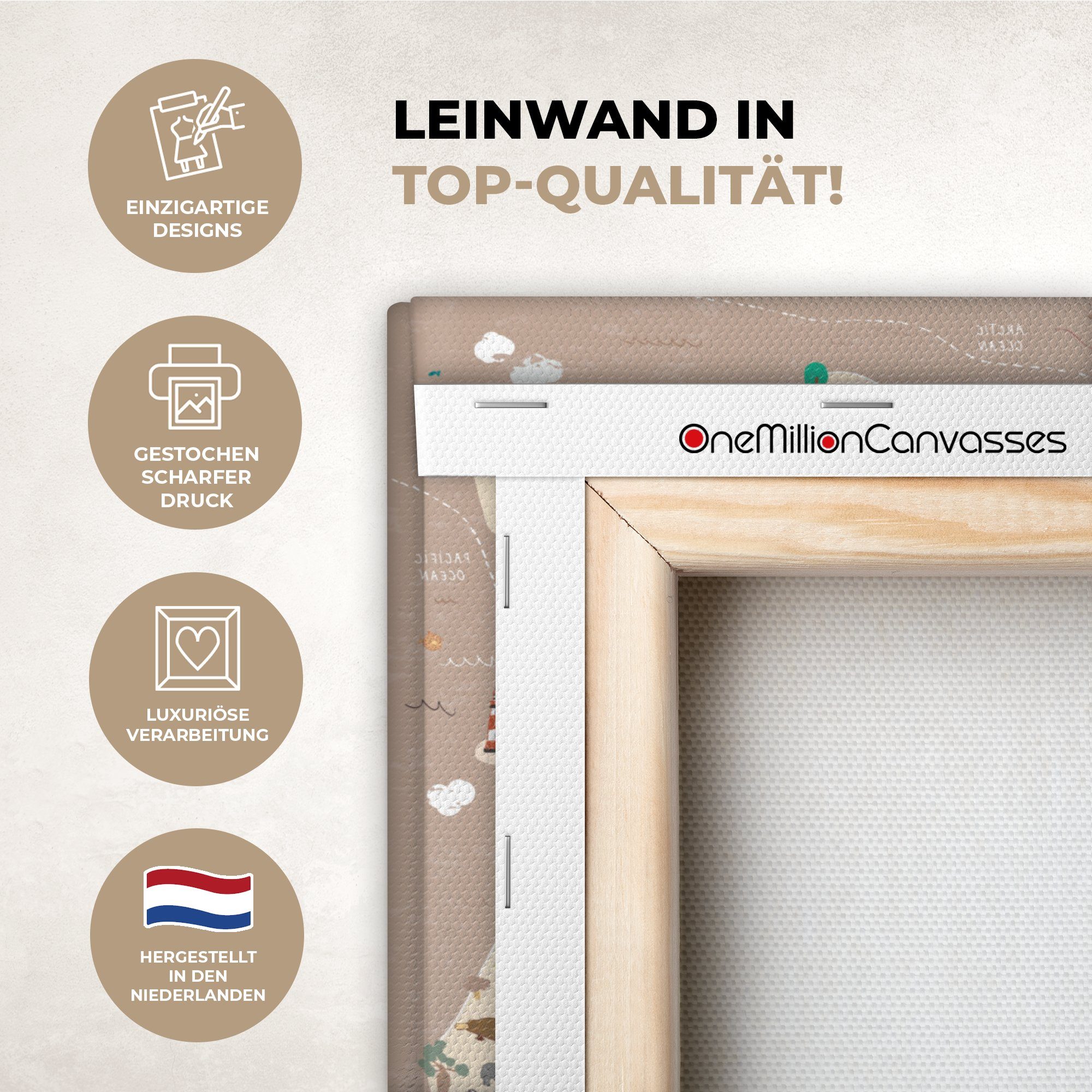 OneMillionCanvasses® Leinwandbild Weltkarte Kinder - Tiere - Braun - Jungen - Mädchen, Fotodruck (1 St), Leinwand Bilder Klein, Wand Dekoration Aesthetic 30x20 cm
