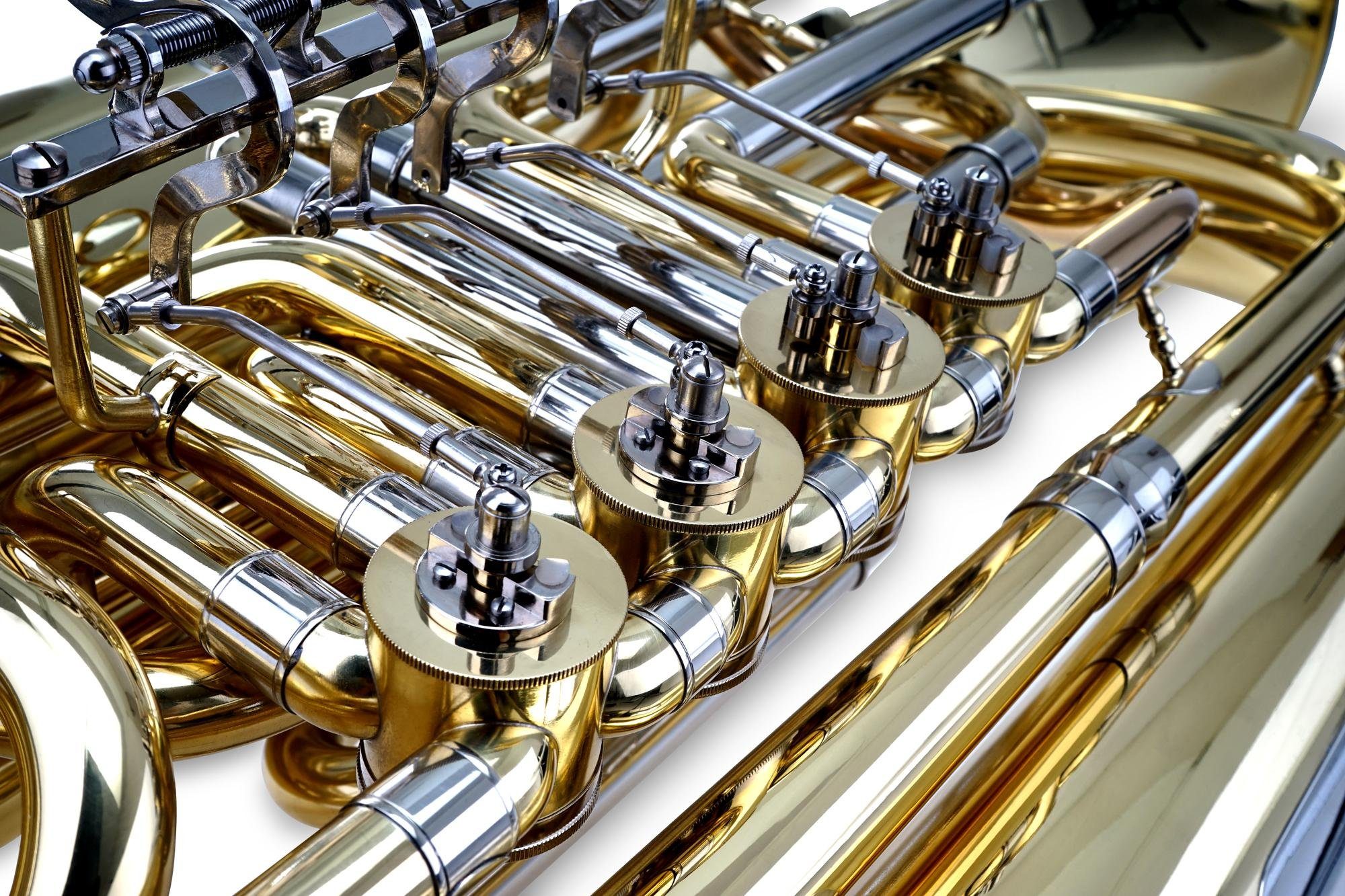 Classic Cantabile Tuba T-190 Bb Tuba - 4 Ventile - Goldmessing Mundrohr - Gedrungene Form, Set, 3-St., Inkl. Mundstück und Softcase, Neusilber Innen- Außenzüge, Schallbecher: 45 cm