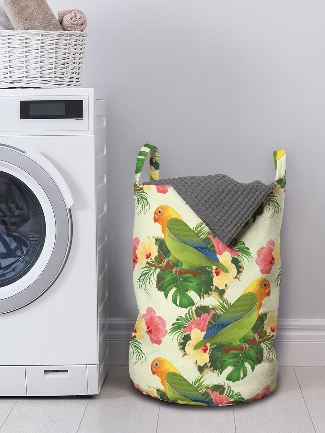 Wäschesäckchen mit Parrot Hibiskus für Abakuhaus Tropische Blumen Waschsalons, Kordelzugverschluss Griffen Wäschekorb