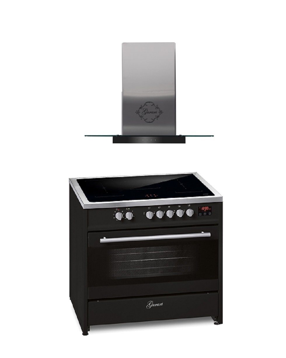 GURARI Induktions-Standherd E 913 BL+GCH T 466 IS 90 BL PRIME, Range Cooker 90 cm/121L+Dunstabzugshaube 90 cm | Herde