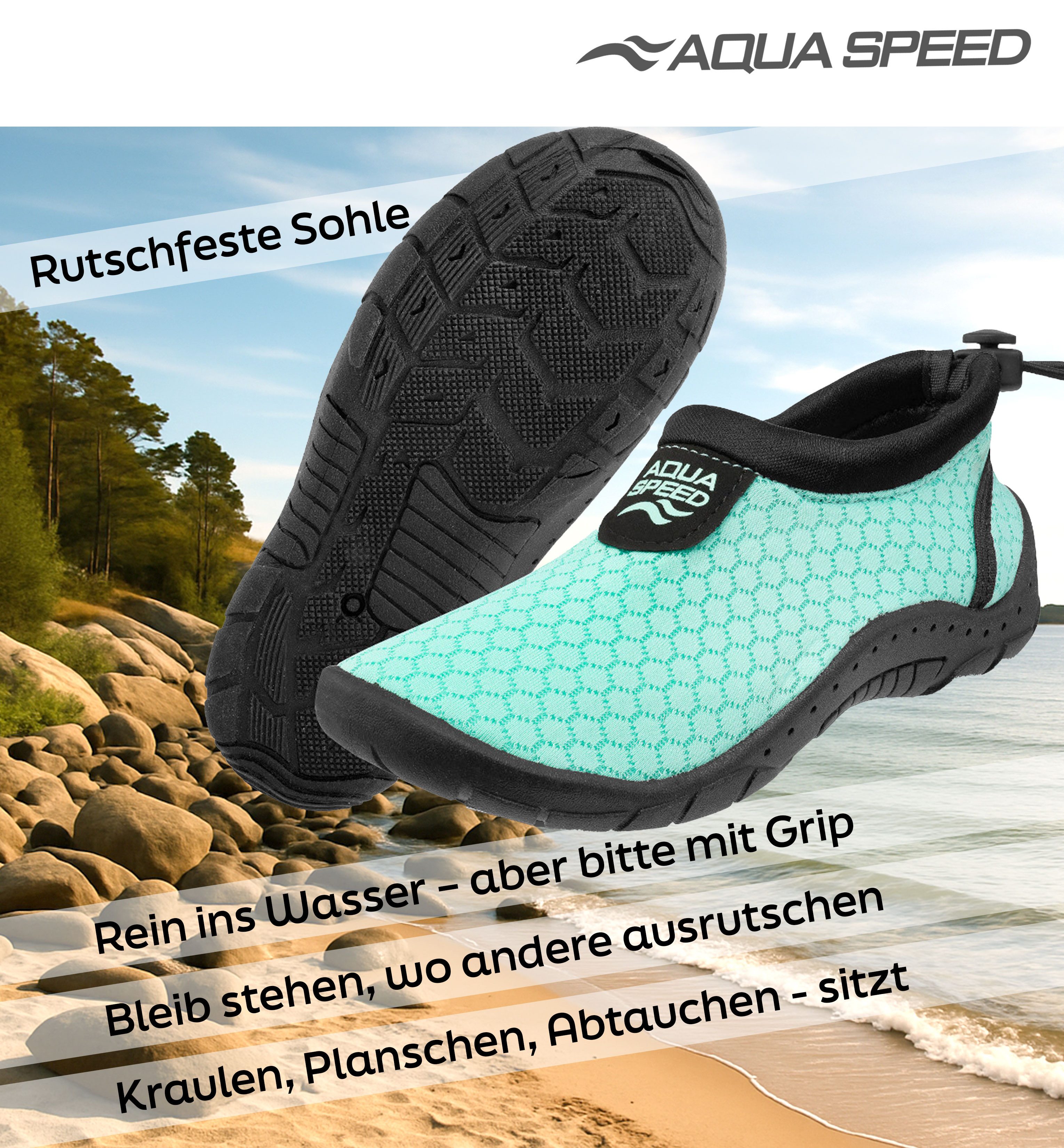 Aqua Speed 30 Aqua Shoe Wasserschuhe für empfindliche Füße – weich & schnelltroc Wasserschuh (Barfuß-Schwimmschuhe mit Grip – für Kinder, Damen & Herren) Sohle mit Grip – Mit Mikrofaserhandtuch für Pool & Sauna