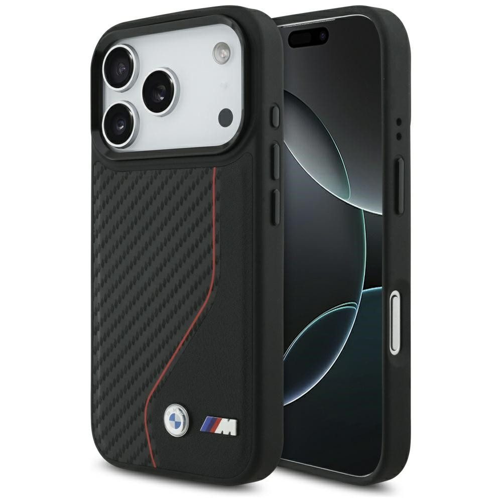 BMW Handyhülle Case iPhone 17 Pro MagSafe Carbon-Optik schwarz Streifen Logo Metall. 6,3 Zoll, Kantenschutz