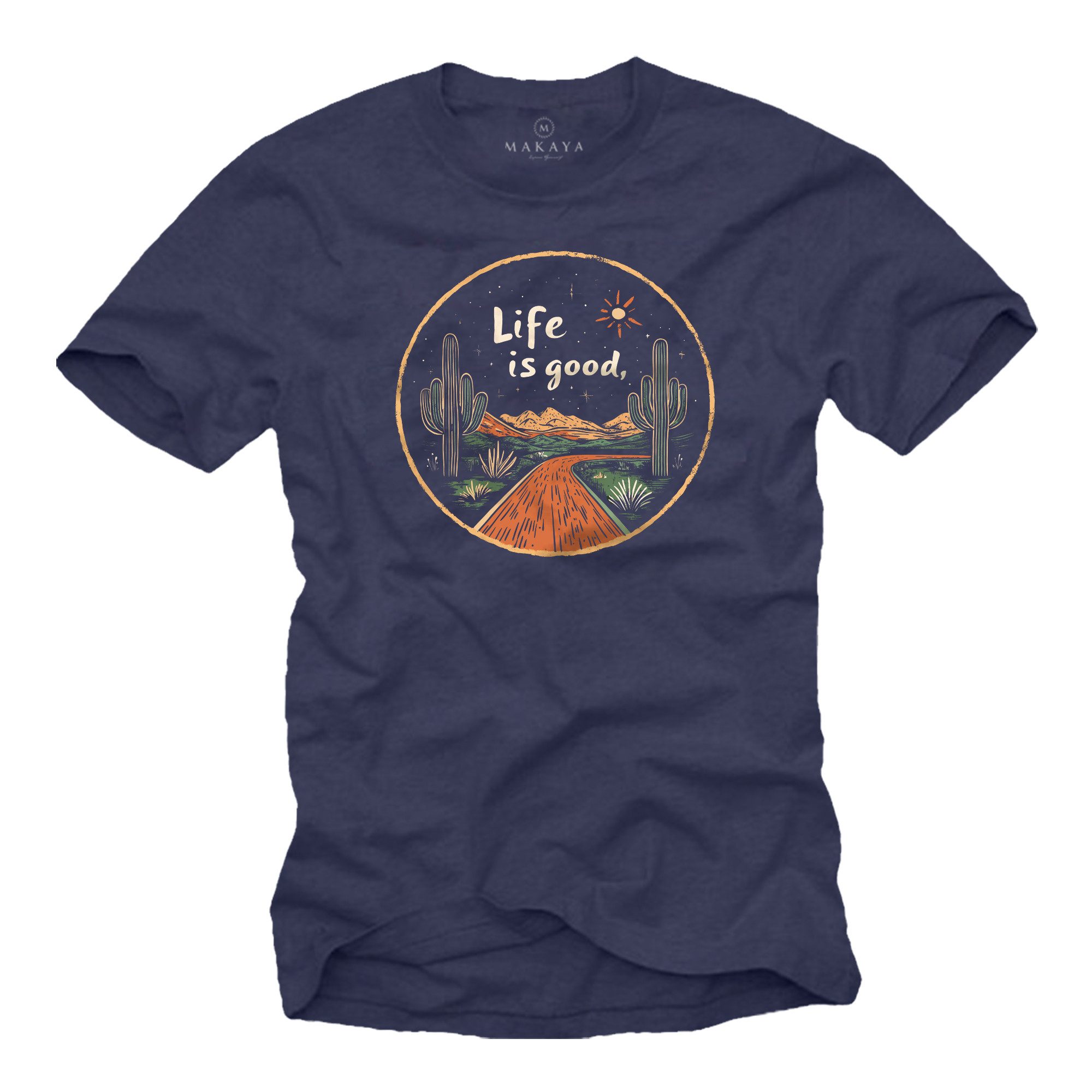 MAKAYA T-Shirt Printshirt für Herren – Kaktus & Life is Good Wandermotiv (Schwarz, Blau, Grün, Blaugrau, Dunkelgrau, S, M, L, XL, XXL, 3XL, 4XL, 5XL) Baumwolle