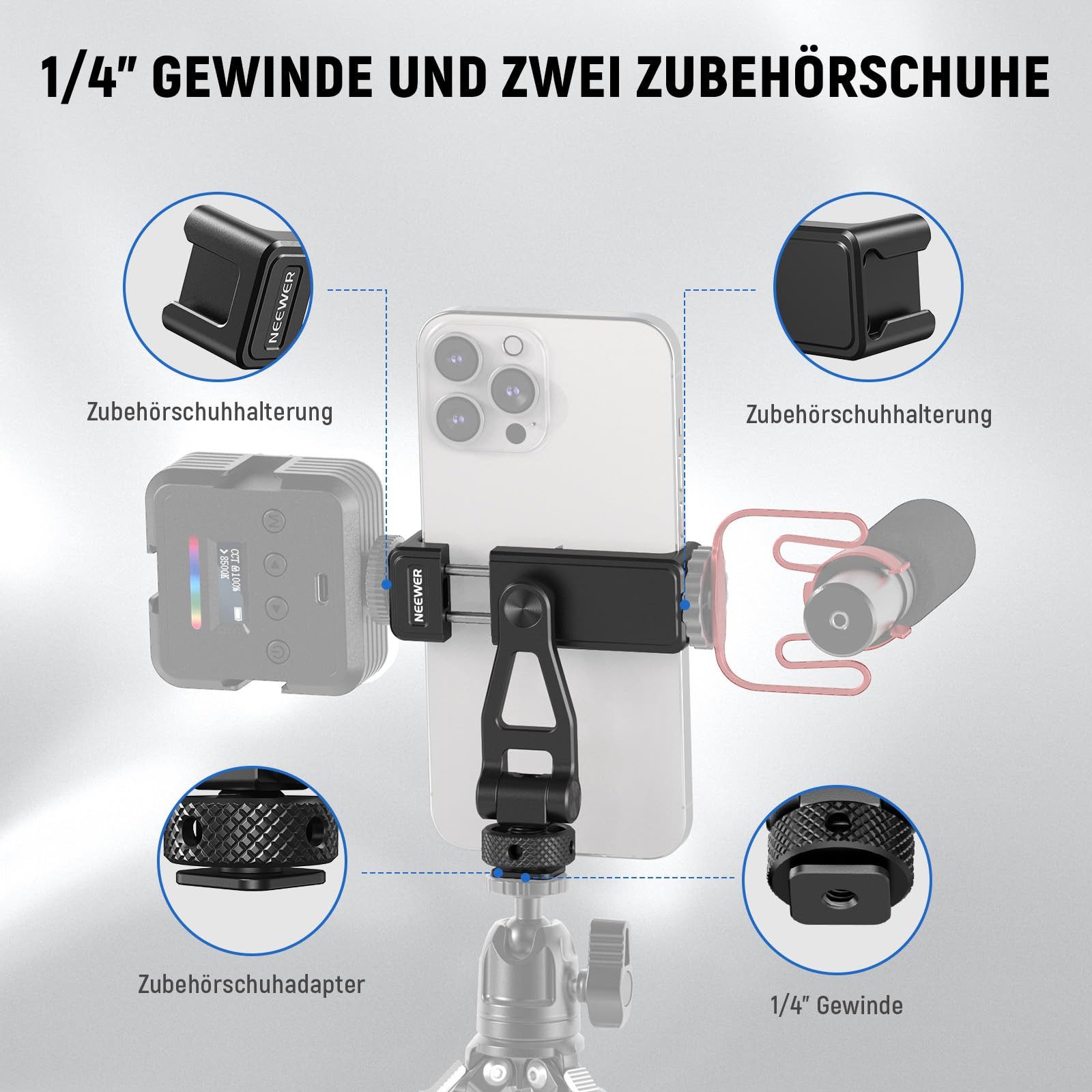 Neewer Handy-Halterung GA010 Metall Handyhalterung mit Kaltblitzschuh & 1/4" Gewinde, (bis 3,3 Zoll, Packung, Drehbare Telefonklammer)