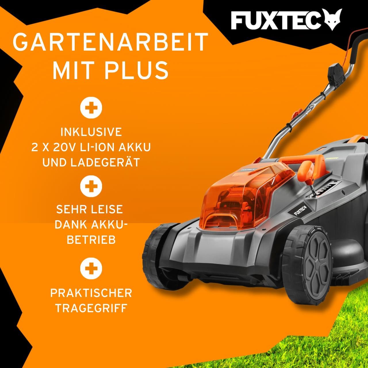FUXTEC Akkurasenmäher FX-E2RM43SET, 43 cm Schnittbreite, 43 cm Schnittbreite, 40 L Fangkorb, E-Start, 2x20V Akku, 25-75mm