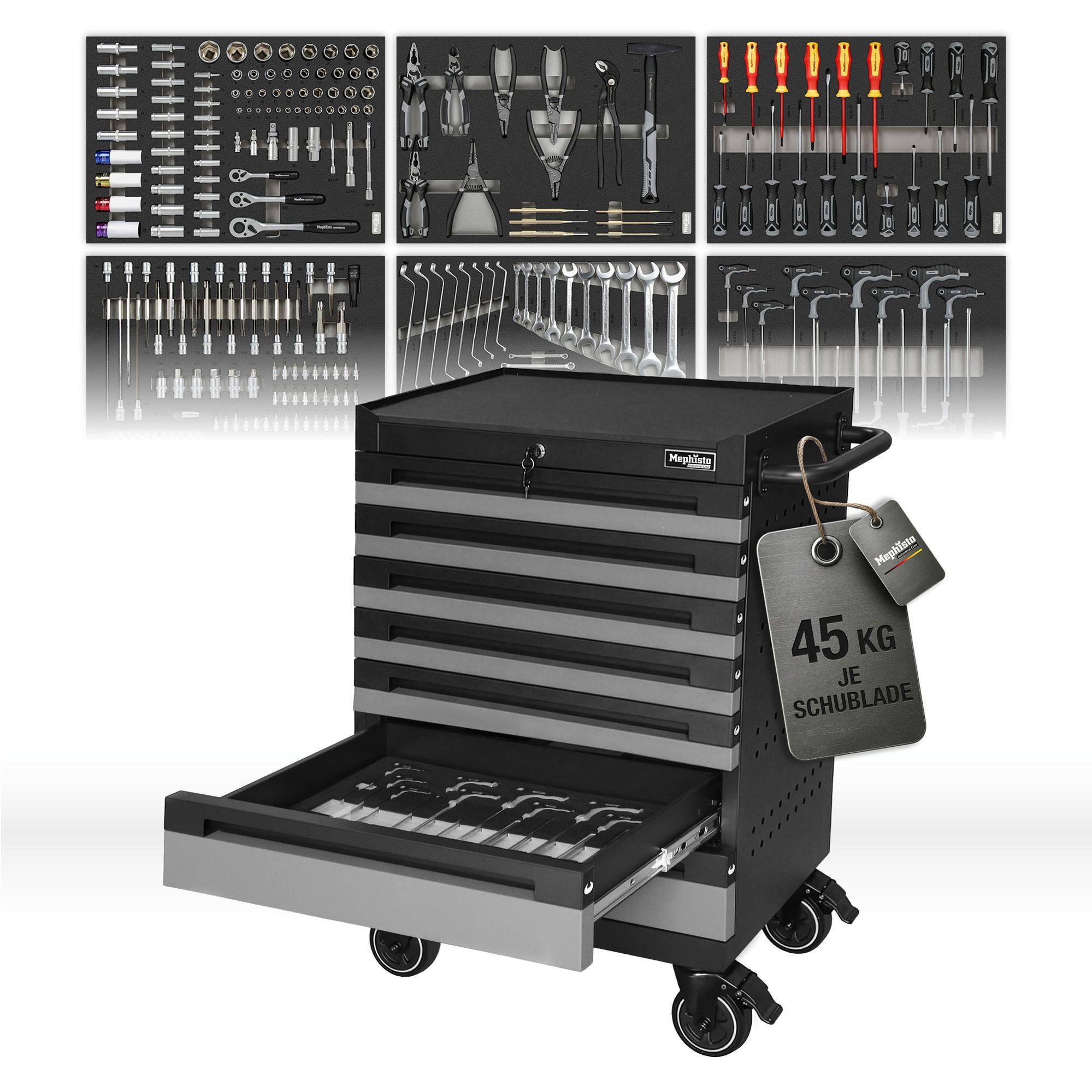 Mephisto-Tools Werkzeugwagen, (fertig montiert und bestückt), 7 Schubladen abschließbar & bis zu 40 kg belastbar, 2 Schlüssel inkl.