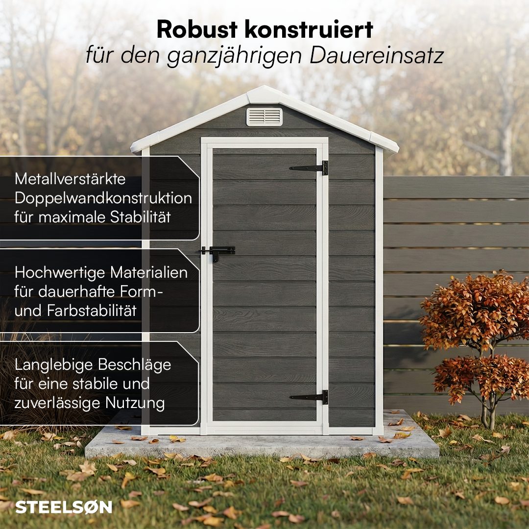 STEELSØN Gerätehaus Novara mit Bodenplatte, wetterfest, Geräteschuppen mit Satteldach, Gartenhaus inkl. Fenster