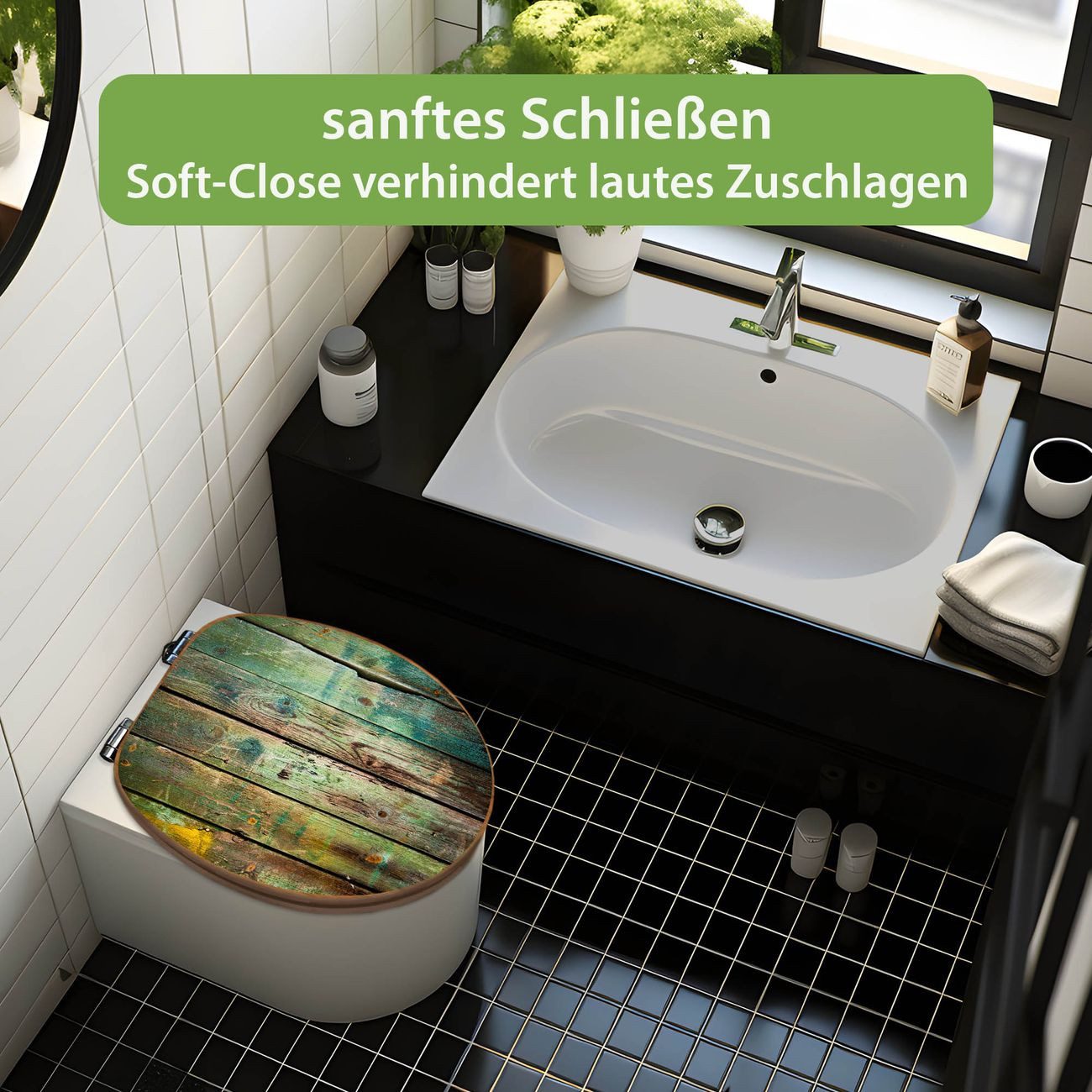 banjado WC-Sitz aus Bambus mit Absenkautomatik Motiv Grünes Holz (umweltfreundliches Material, integrierte Absenkautomatik), 45,8 x 37,5 x 5 cm