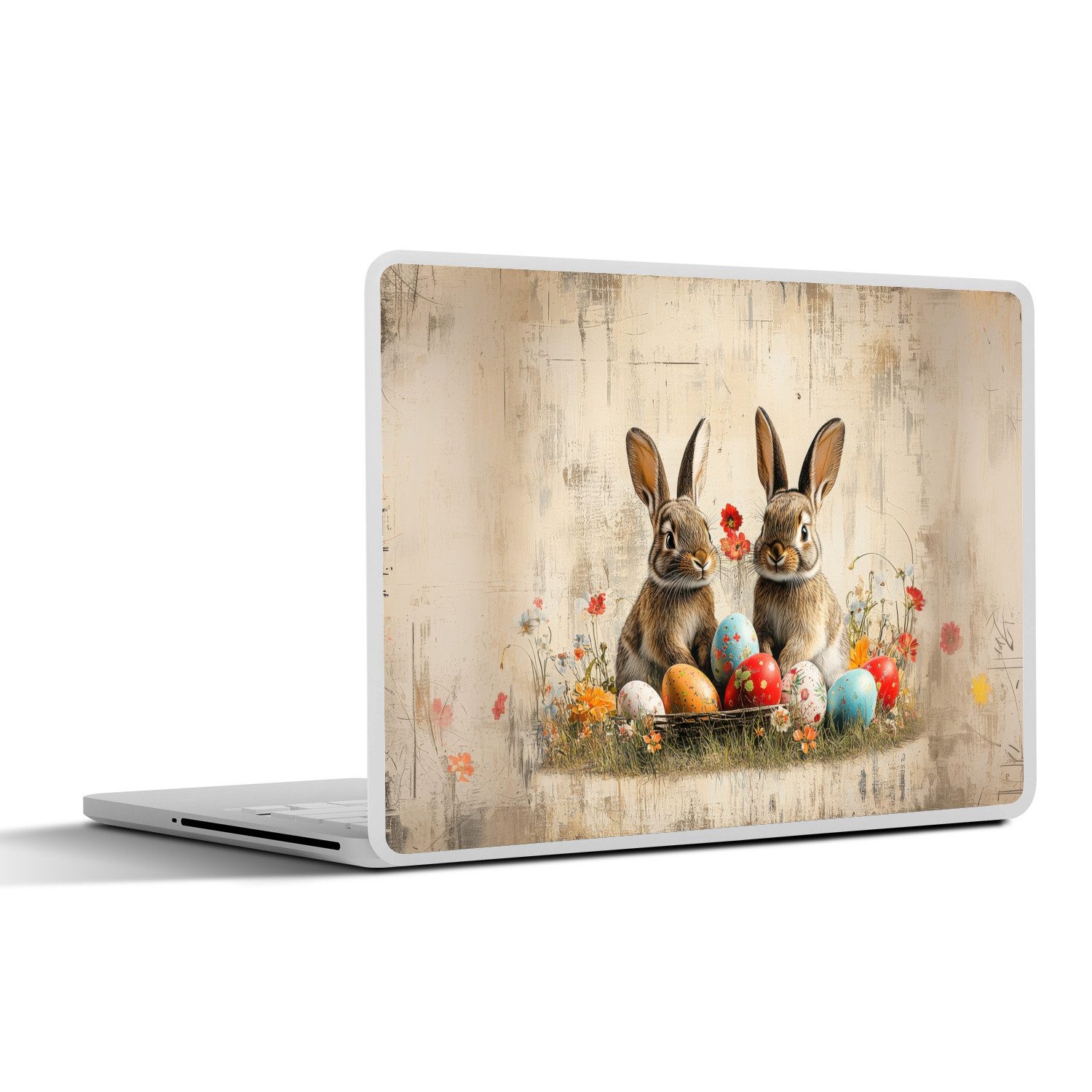 MuchoWow Laptop-Aufkleber Kaninchen - Blumen - Eier, (1tlg), Aufkleber Geeignet für Laptops, Schutz vor Kratzern, Sticker, 30x22 cm