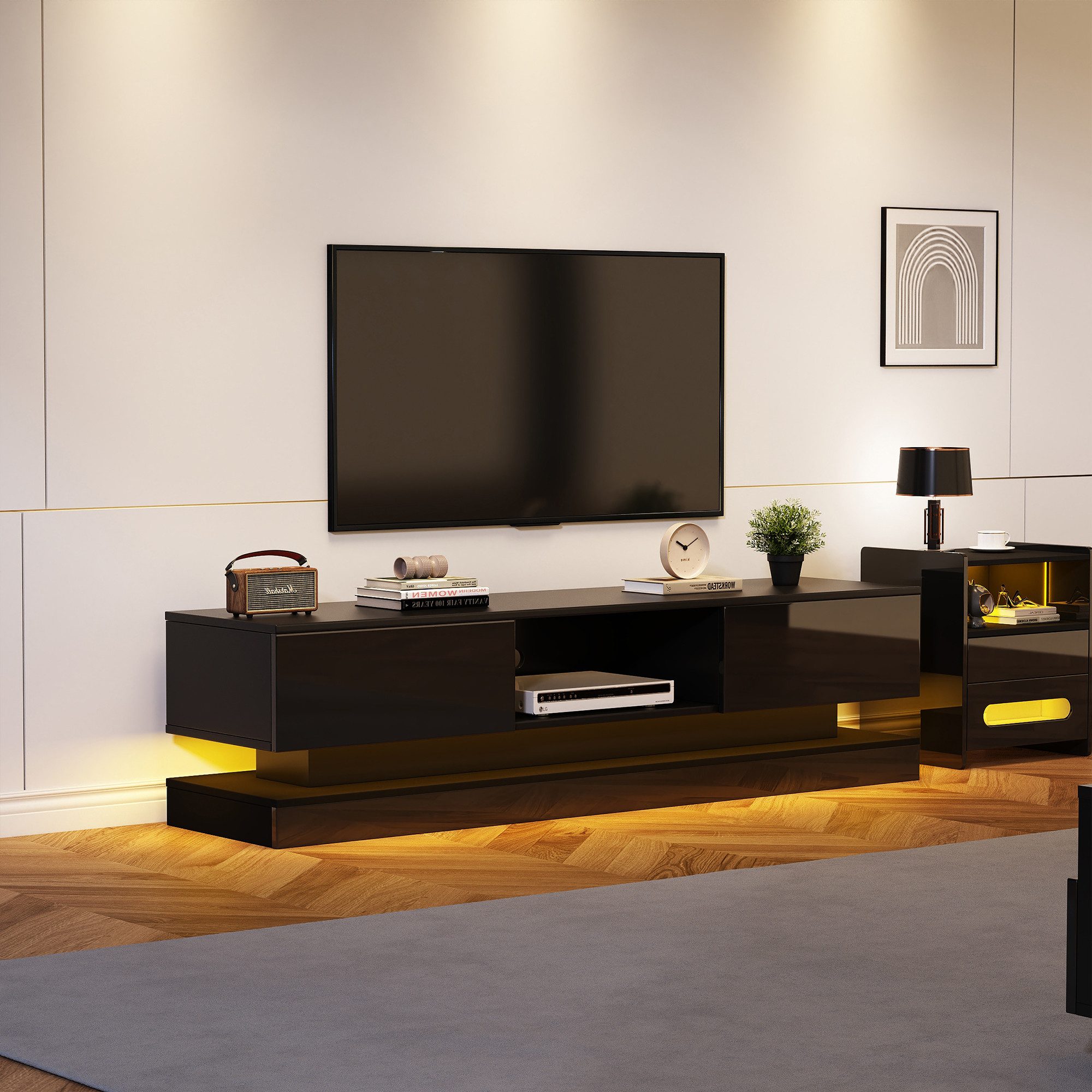 MODFU Lowboard TV-Schrank (Hochglanz-Hängeschrank, 1 St., für 70-Zoll-Fernseher), mit LED-Beleuchtung, 2 Schubladen, App-Steuerung, Anti-Kipp-Design