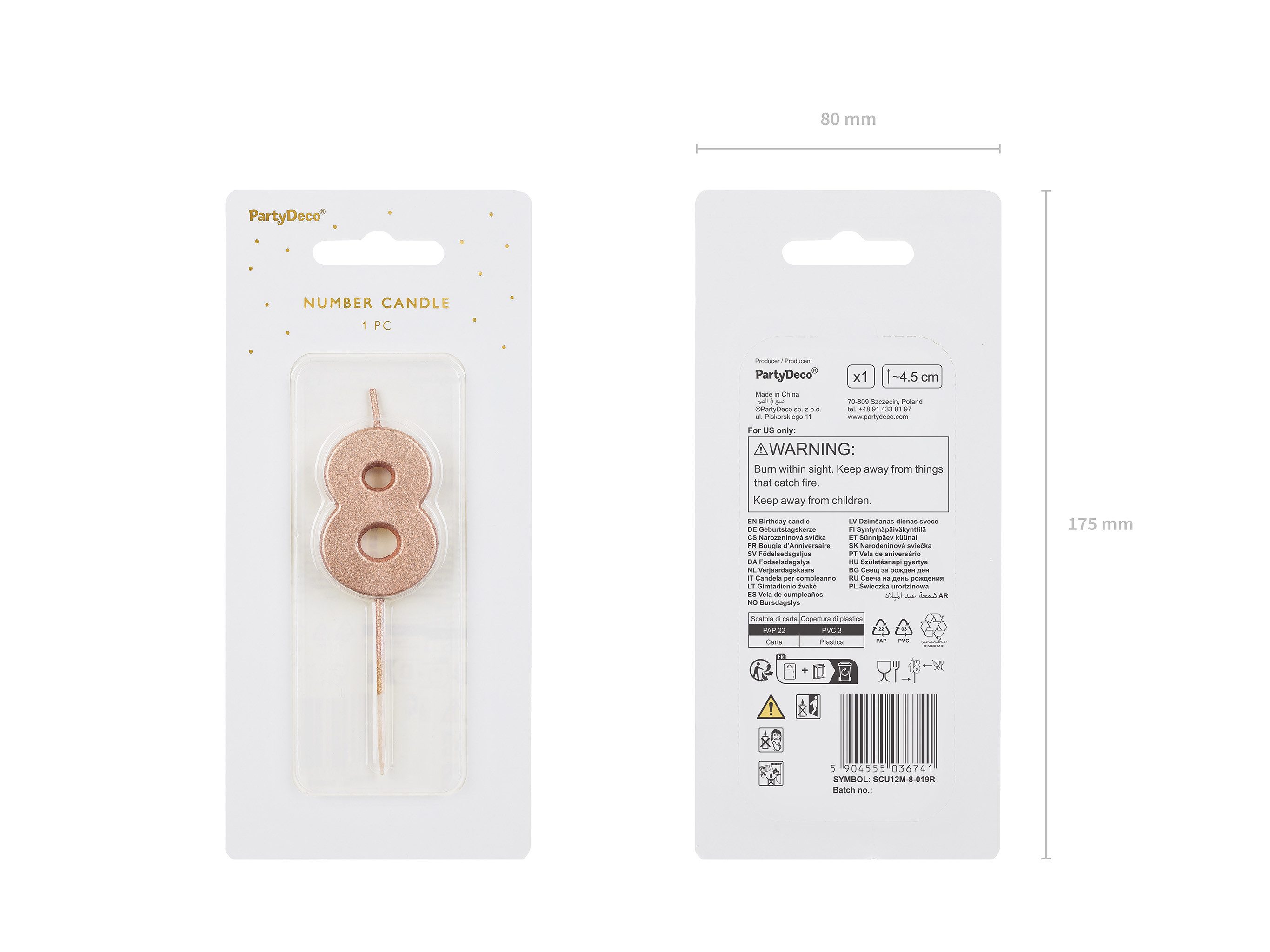 partydeco Geburtstagskerze, Geburtstagskerze Zahl 8 Zahlenkerze 4,5cm Rosegold
