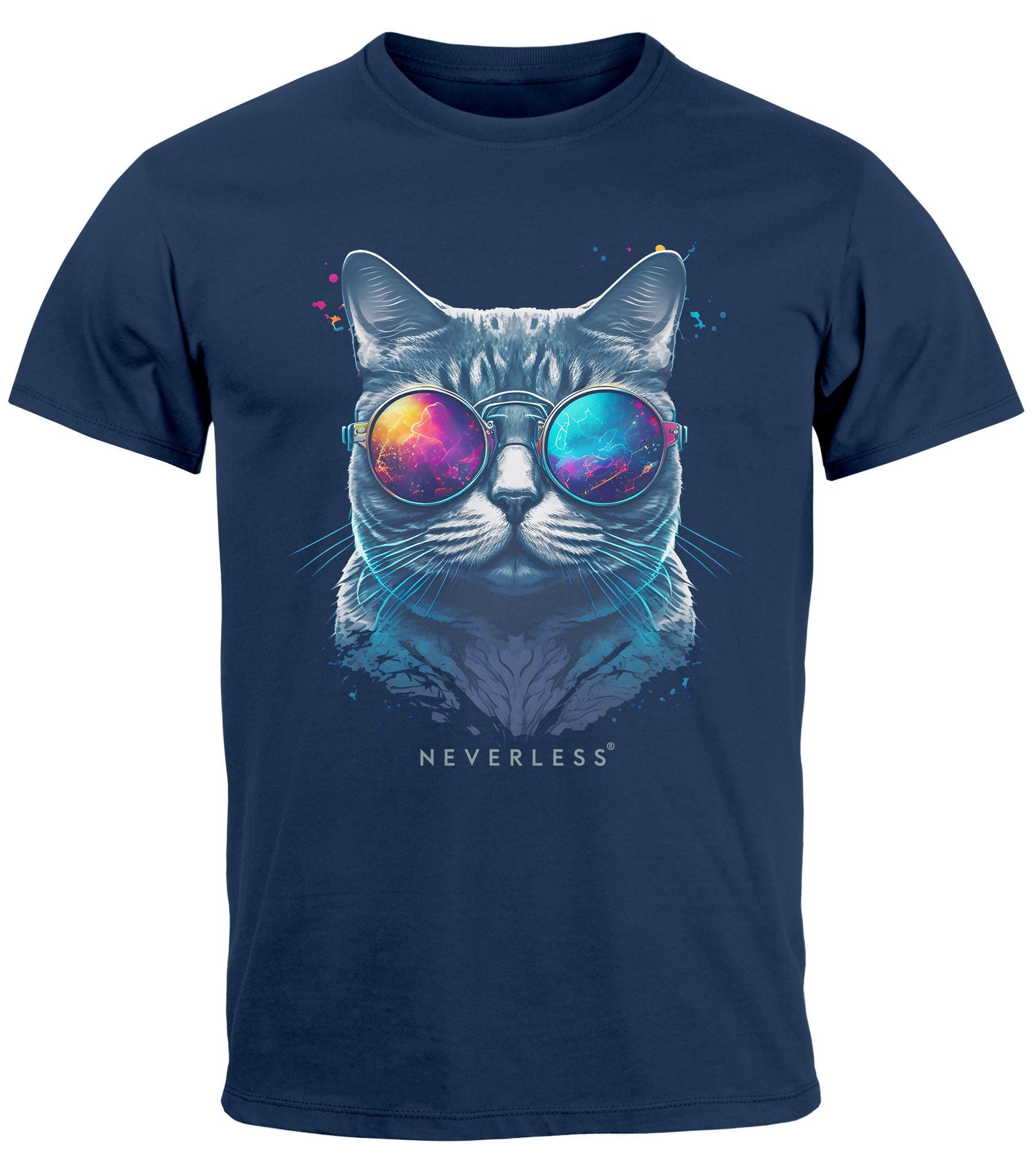 Neverless Print-Shirt Herren T-Shirt Aufdruck Katze günstig online kaufen