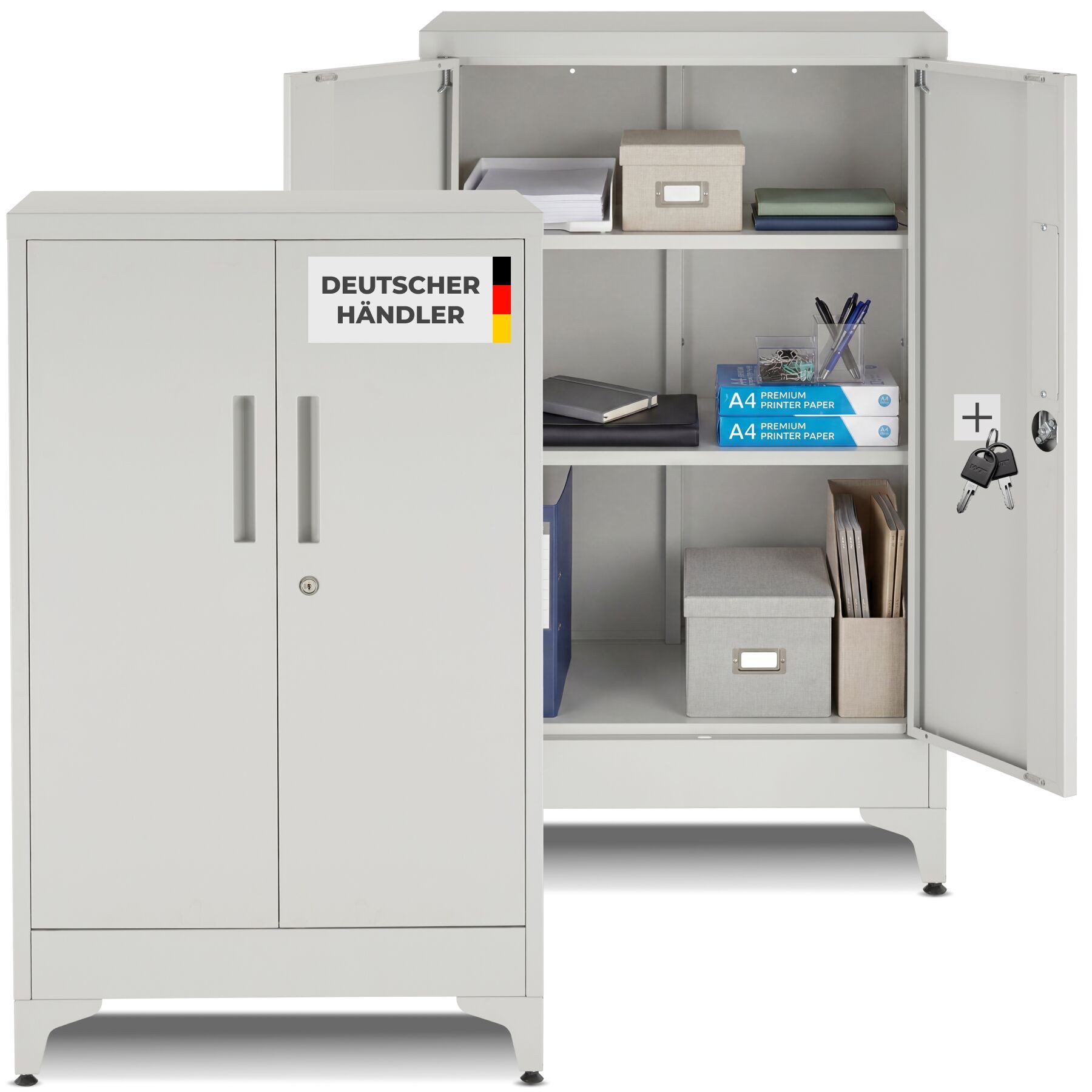 tectake Aktenschrank Dokumentenschrank aus Stahl, Kippschutz, abschließbar, 60 x 40 x (Büroschrank Blake, 2-St., in grau) 2 verstellbare Zwischenböden, mit Magnetverschluss, höhenverstellbar