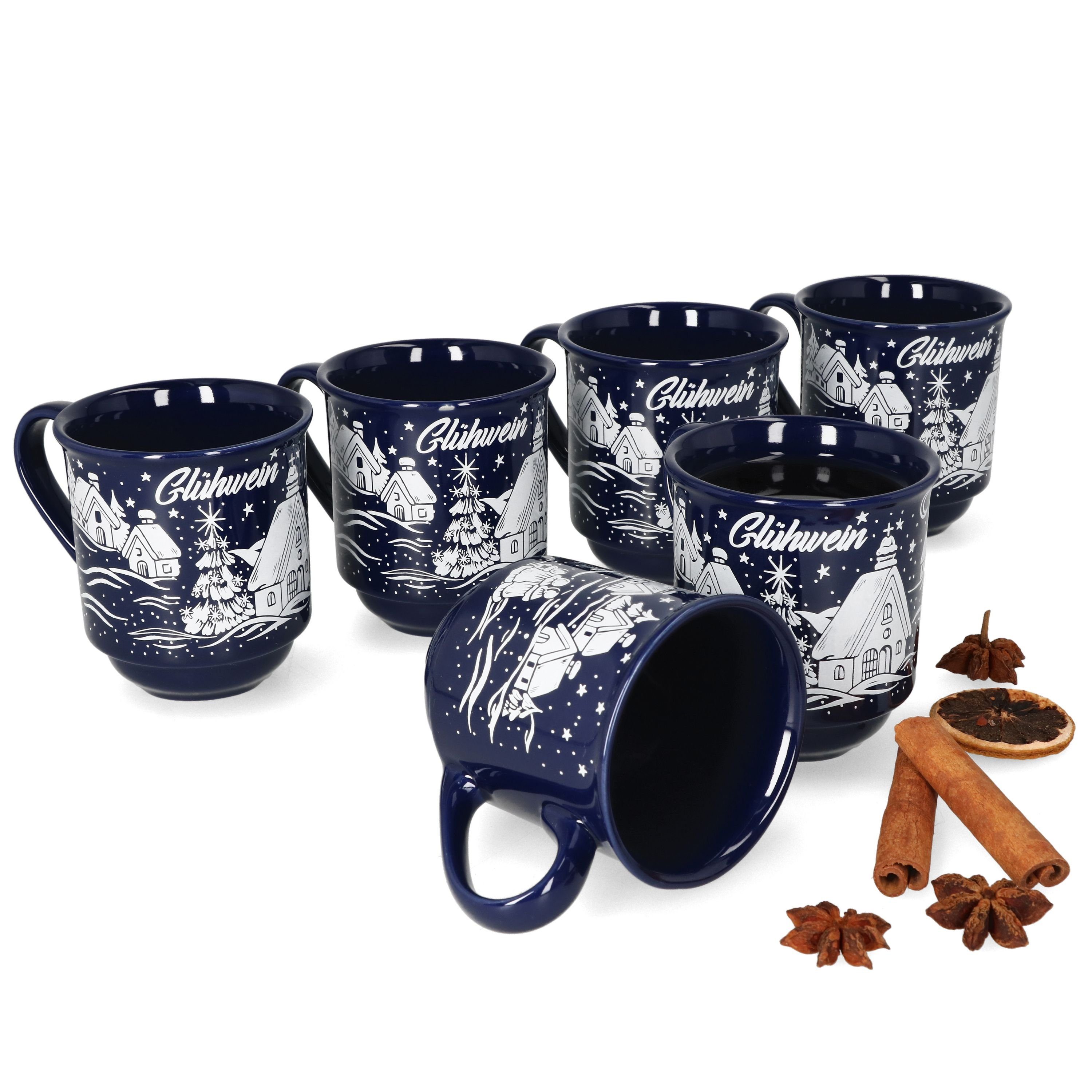 MamboCat Tasse 6er Set Glühweinbecher dunkelblau Weihnachtslandschaft 0,2L geeicht, Keramik, Weihnachtsgeschirr, Weihnachten, Weihnachtsmarkt, Punsch