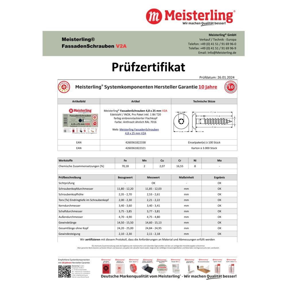 Meisterling® Fassadenschraube INOX, (V2A - 4,8 x 25 mm, Flachkopf Torx T20, 100 Stk), Anthrazit – Bild 4 von 5