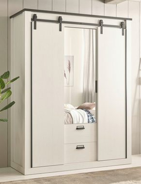 Furn.Design Kleiderschrank Stove (Schrank in Pinie weiß Landhaus, 3-türig, 163 x 209 cm) Spiegeltür mit Soft-Close-Funktion