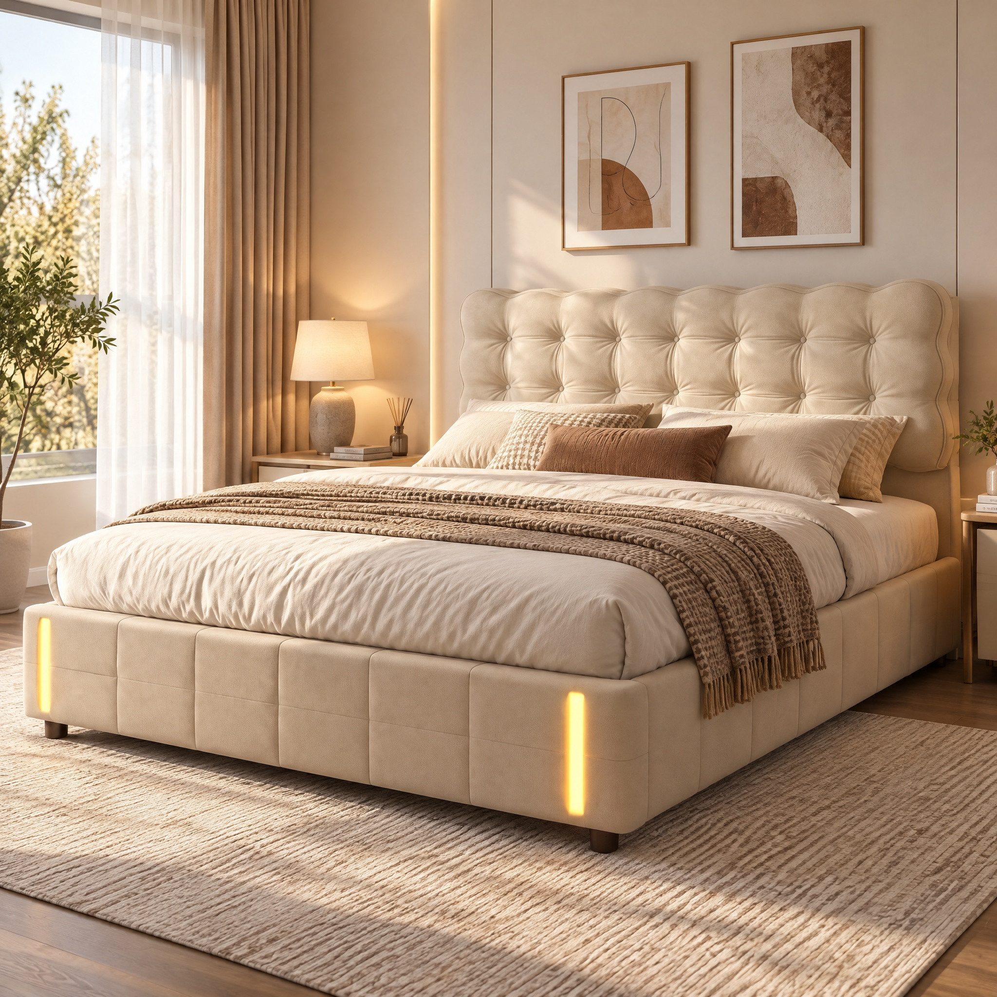 Furnishings Home Polsterbett Stauraumbett Doppelbett mit LED 140x200 cm (Modernes Jugendbett, Leises Design Bett, Max. Belastbarkeit 350 kg), Mit LED-Beleuchtung, Bettkasten, Lattenrost, Samt
