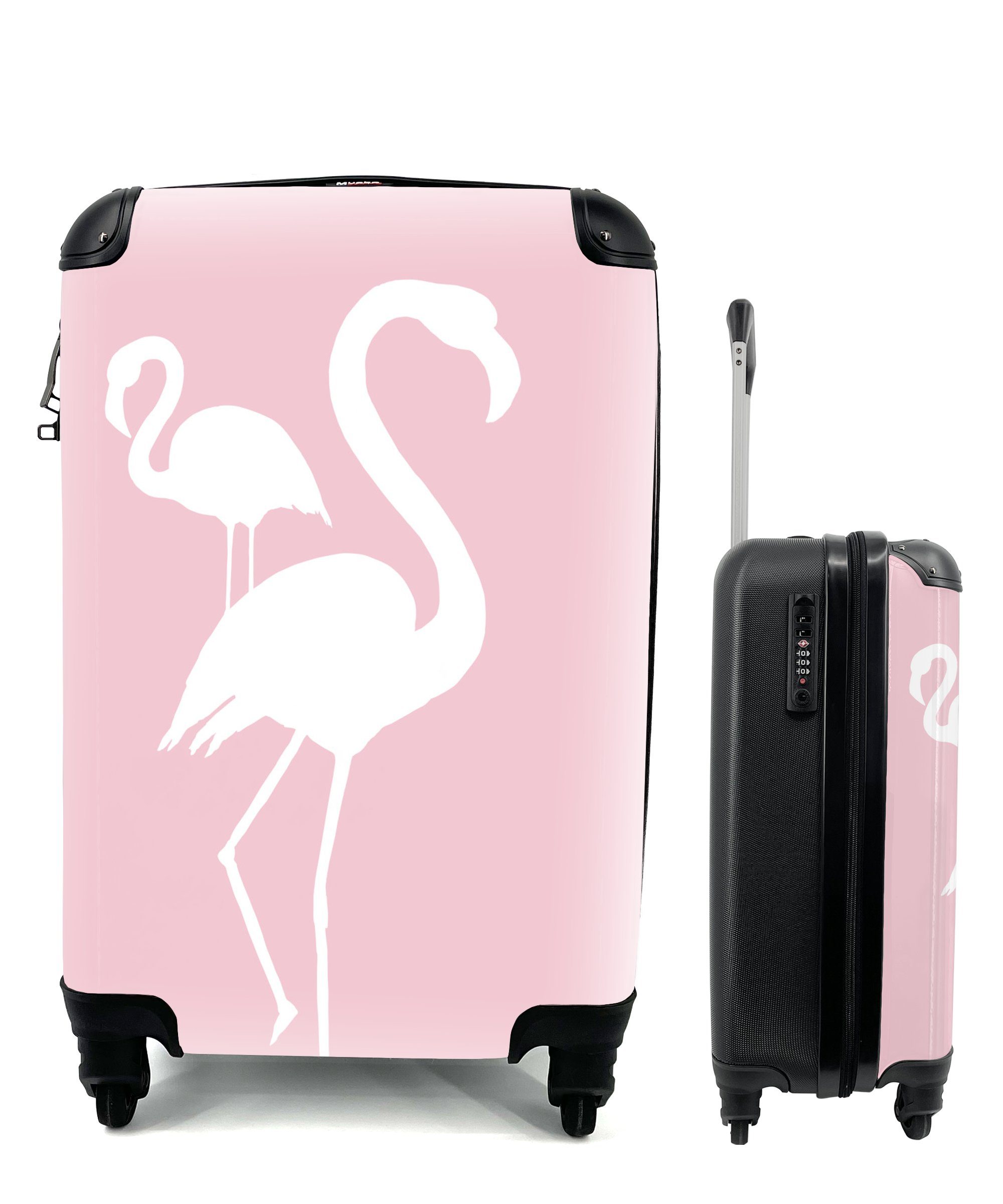 MuchoWow Handgepäckkoffer Rosa - Weiß - Flamingo, 4 Rollen, Reisetasche mit rollen, Handgepäck für Ferien, Trolley, Reisekoffer