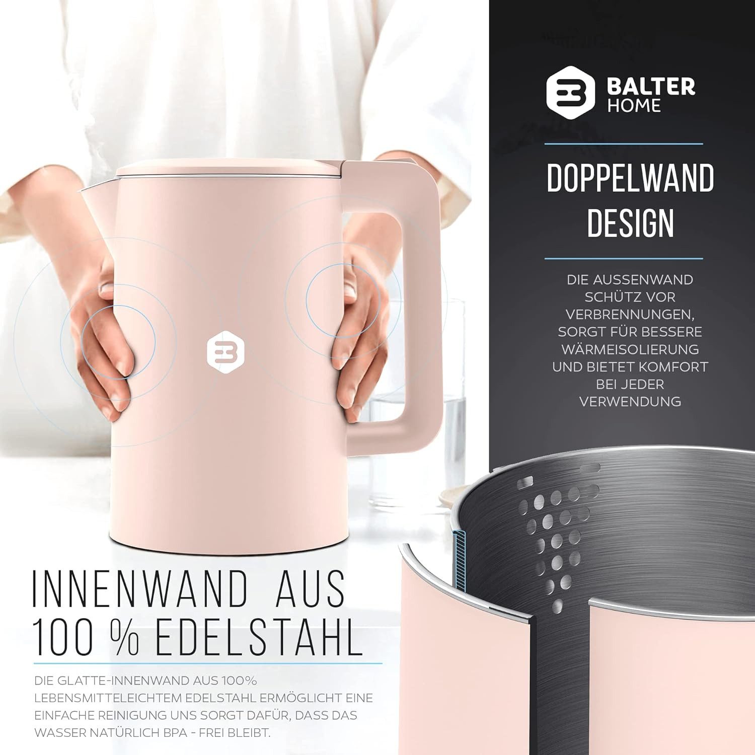 Balter Wasserkocher leistungsstarker Teekocher mit One-Touch Öffnung, 1.7 l, 2200,00 W, kabelloser Wasserkocher, BPA frei – Bild 4 von 5