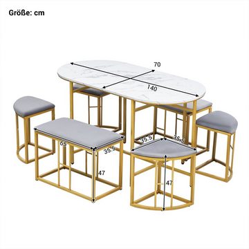 SOFTWEARY Esstisch Essgruppe inkl. Tisch, 4 Hocker und 2 Sitzbänke (Esstisch-Set, 7-St), Küchentisch, Esszimmergruppe