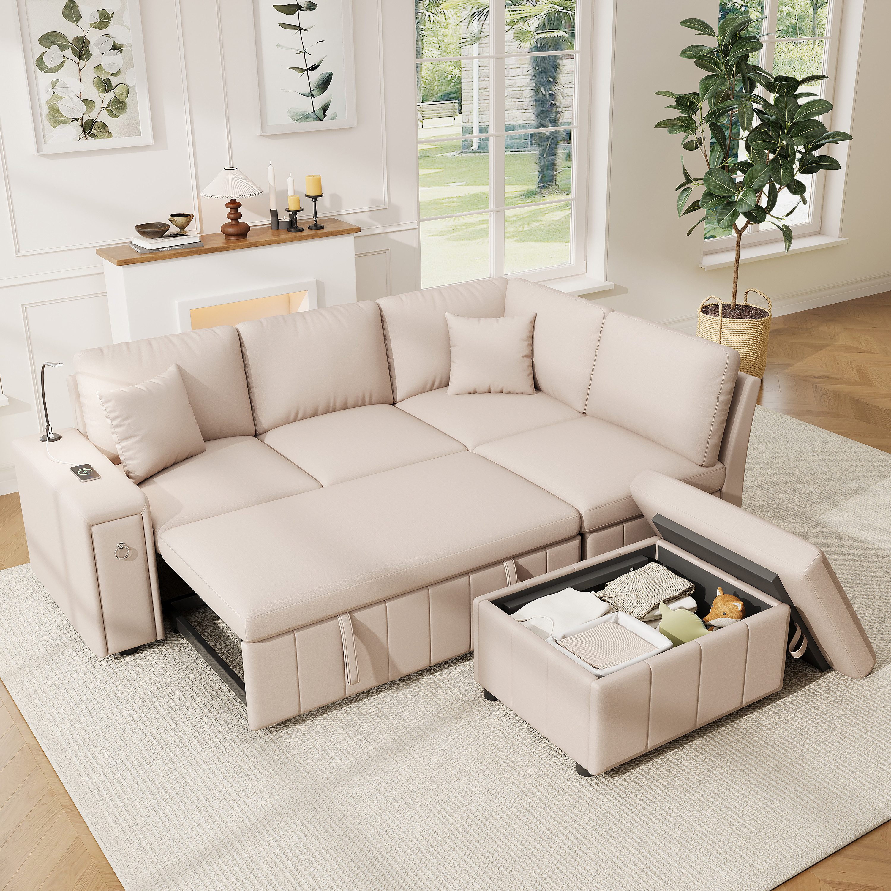 Merax Schlafsofa Ecksofa L-Form Sofa, 5-Sitzer Sofa mit Schlaffunktion, 1 Teile, Ausziehbares Sofa mit Hocker, Leselicht, Stauraum, USB, Type-C, Leinen
