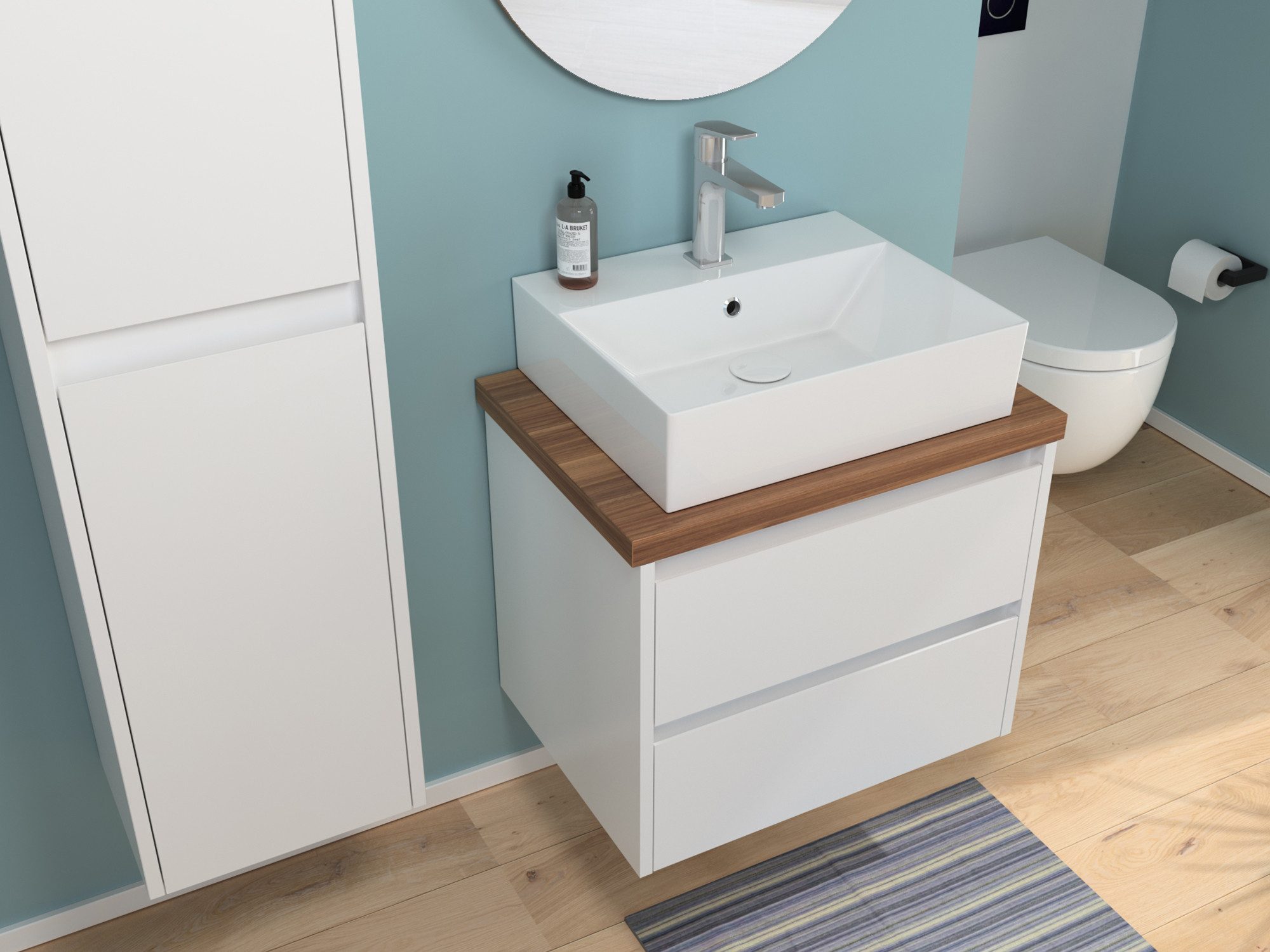 Aqua Bagno Badmöbel-Set Duo Badmöbel 60 cm Weiß Hochglanz Lackiert mit Trägerplatte & Keramik, (Badschrank vormontiert, 3-St., Unterschrank hochglanzlackiert, Trägerplatte melaminbeschichtet), einfache Monatge