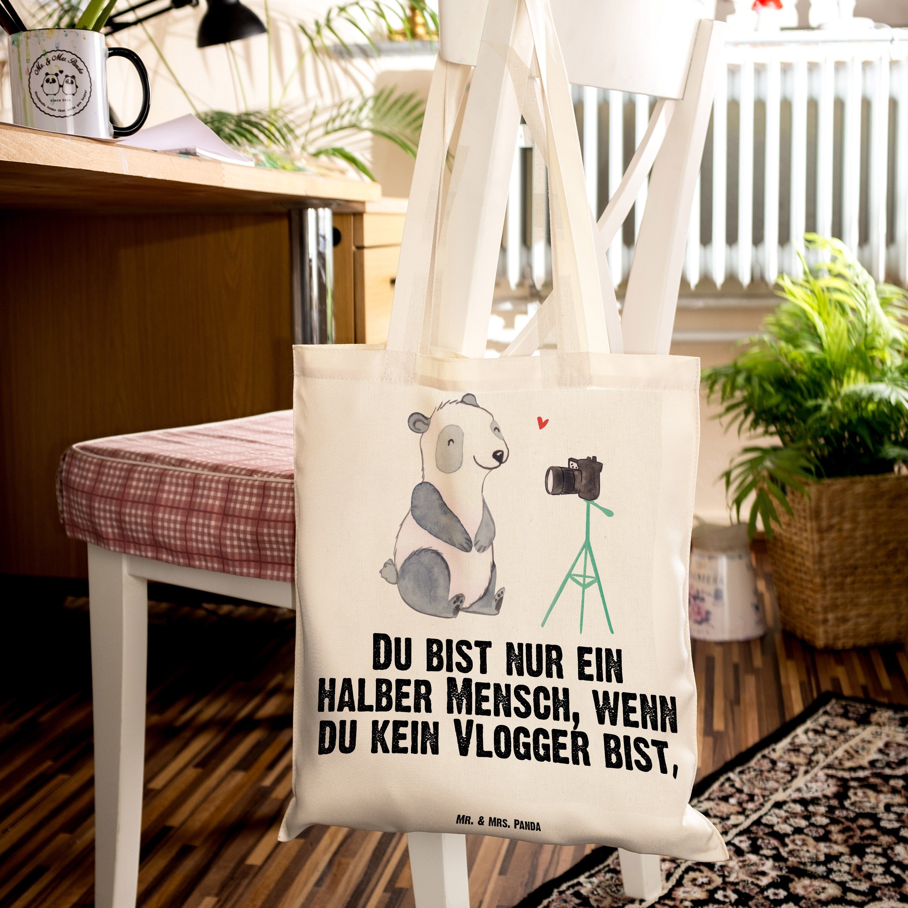 Mr. & Mrs. Vlogger Panda Einkaufstasc - Tragetasche - Herz mit Beuteltasche, Transparent (1-tlg) Geschenk